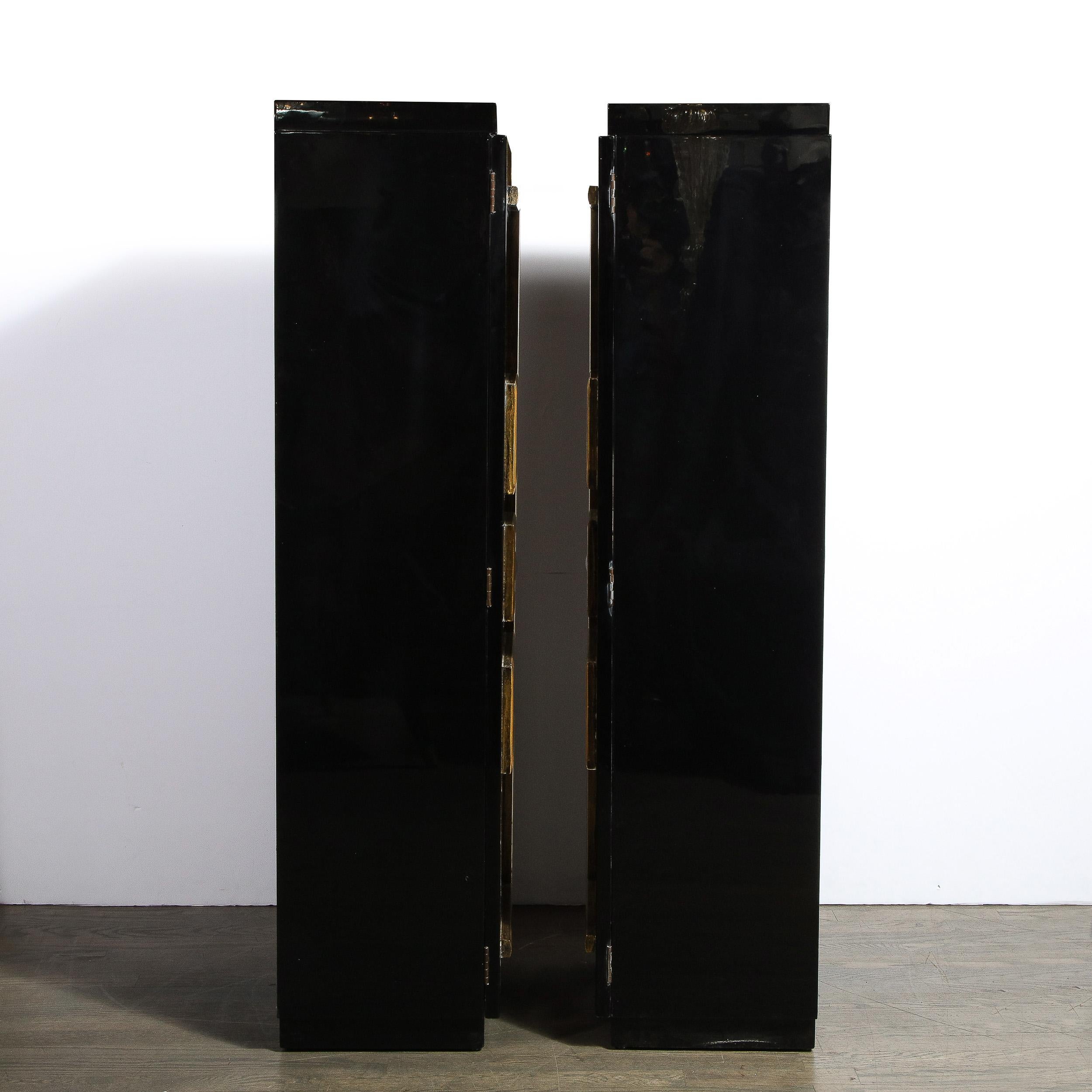 Lacquer Pair of Mid-Century Modern Greek Key Custom Pedestal Cabinets by James Mont 