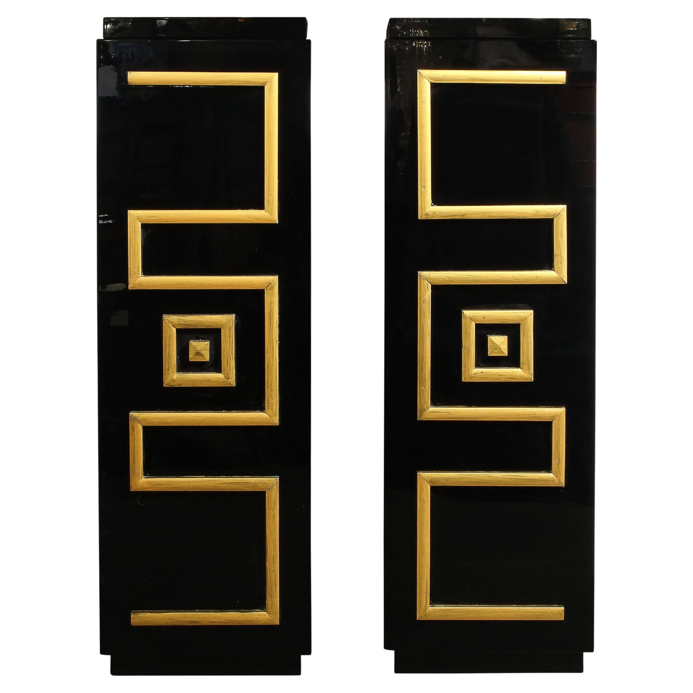 Pair of Mid-Century Modern Greek Key Custom Pedestal Cabinets by James Mont 