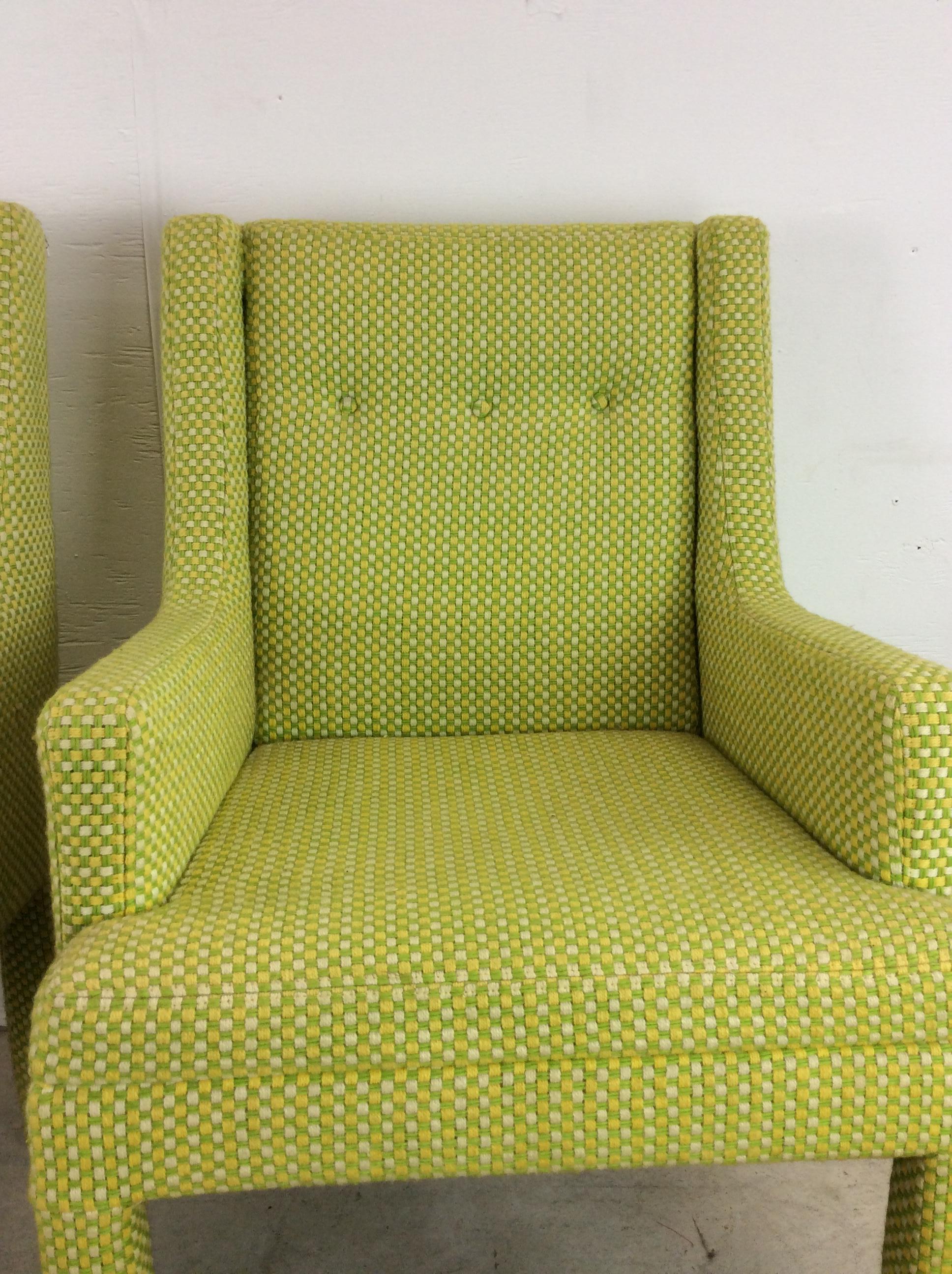 Fabric Pair of Mid Century Modern Green Armchairs with Tufted Seat Back For Sale