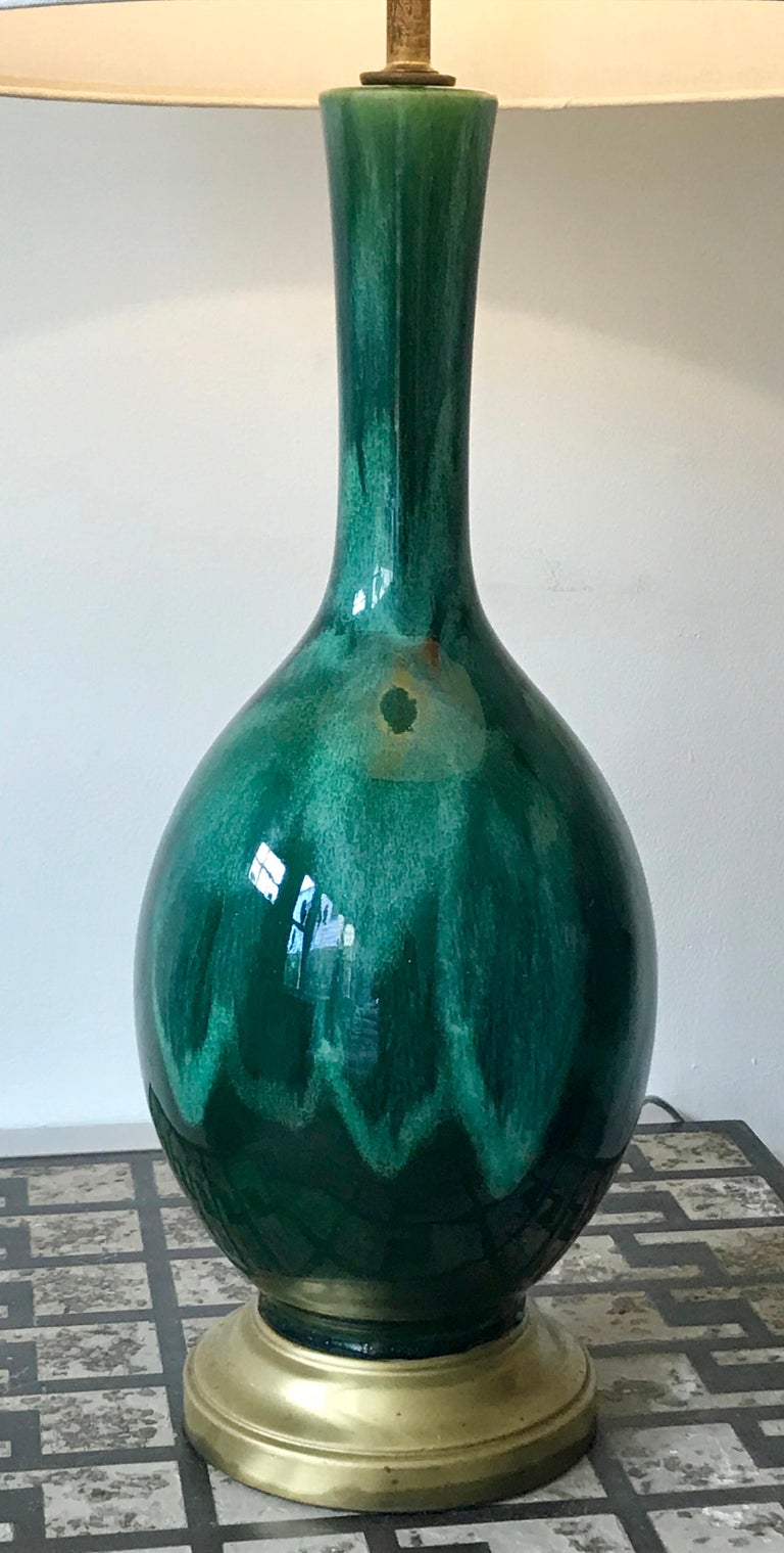 Pair of MidCentury Modern Green Drip Glaze Ceramic Table Lamps, 1960s