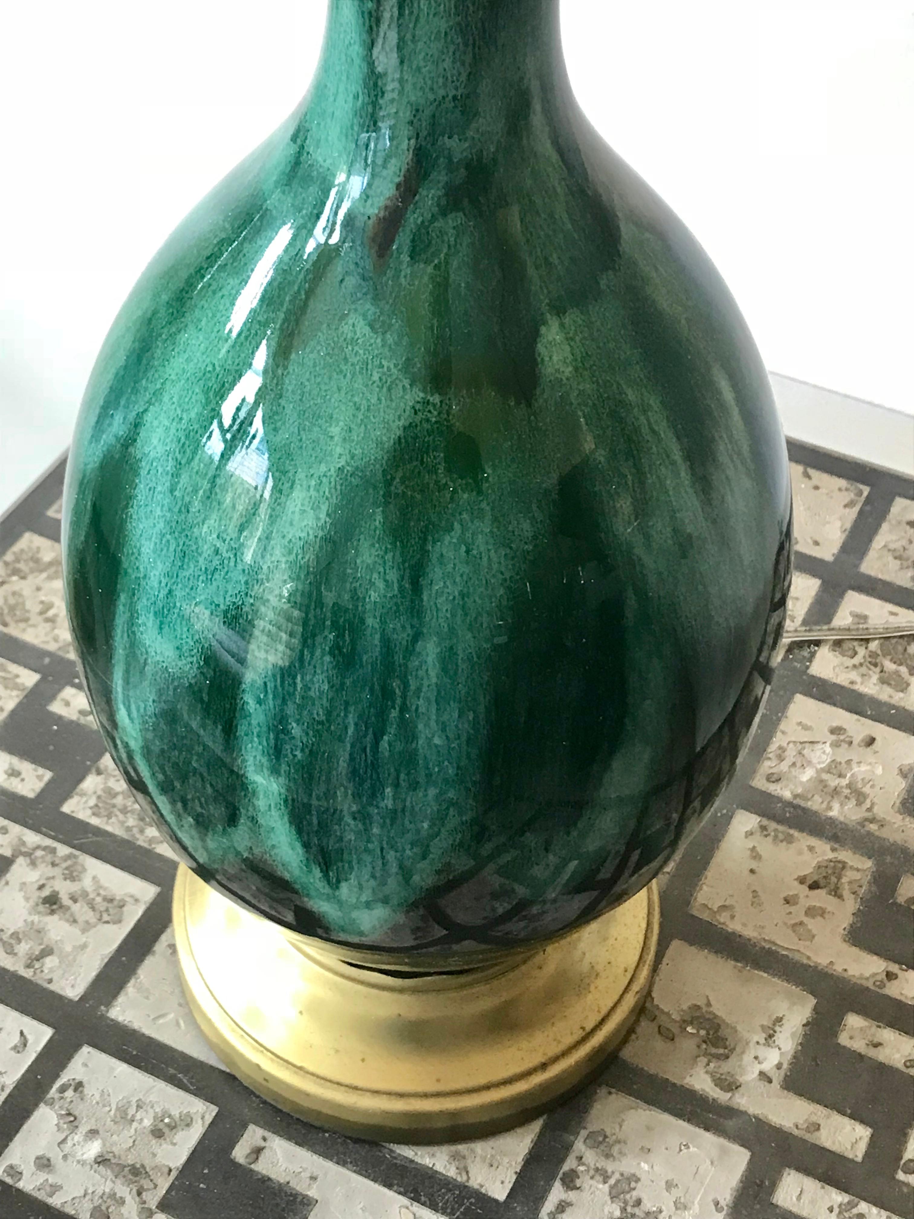 American Pair of Mid-Century Modern Green Drip Glaze Ceramic Table Lamps, 1960s