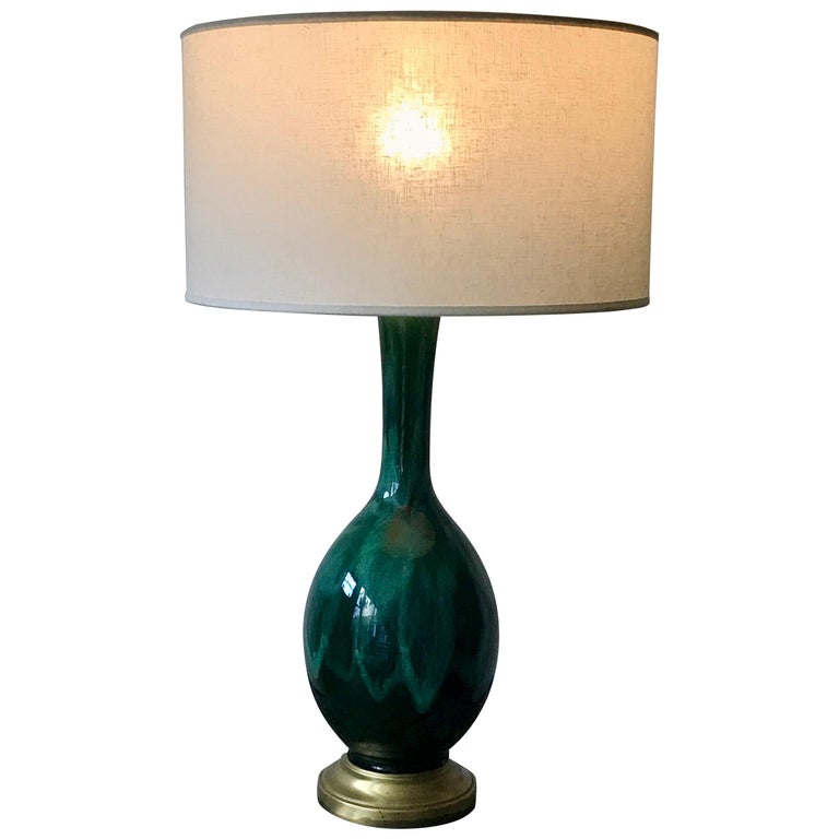 Pair of MidCentury Modern Green Drip Glaze Ceramic Table Lamps, 1960s