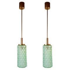 Pair of Tall Mid Century Murano Glass Pendant Lights, Venini Style 