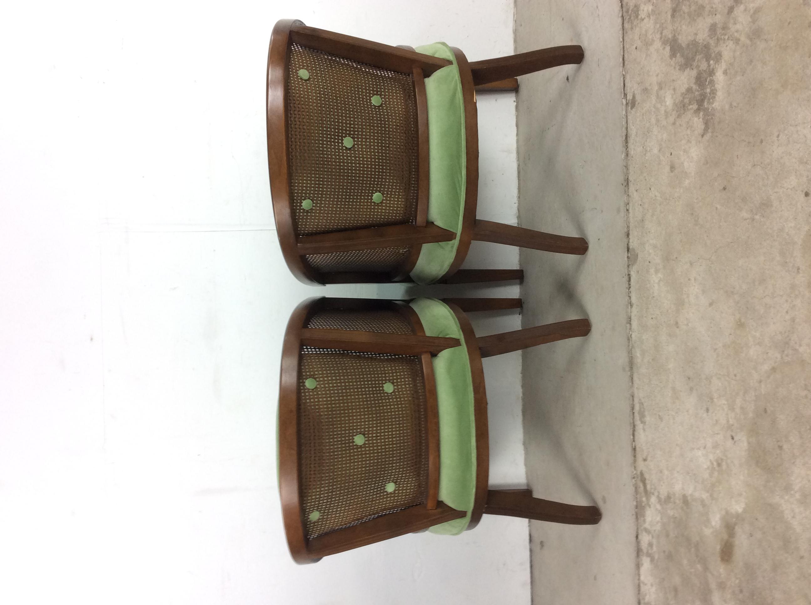 Pair of Mid-Century Modern Green Tufted Accent Chairs with Caning 4