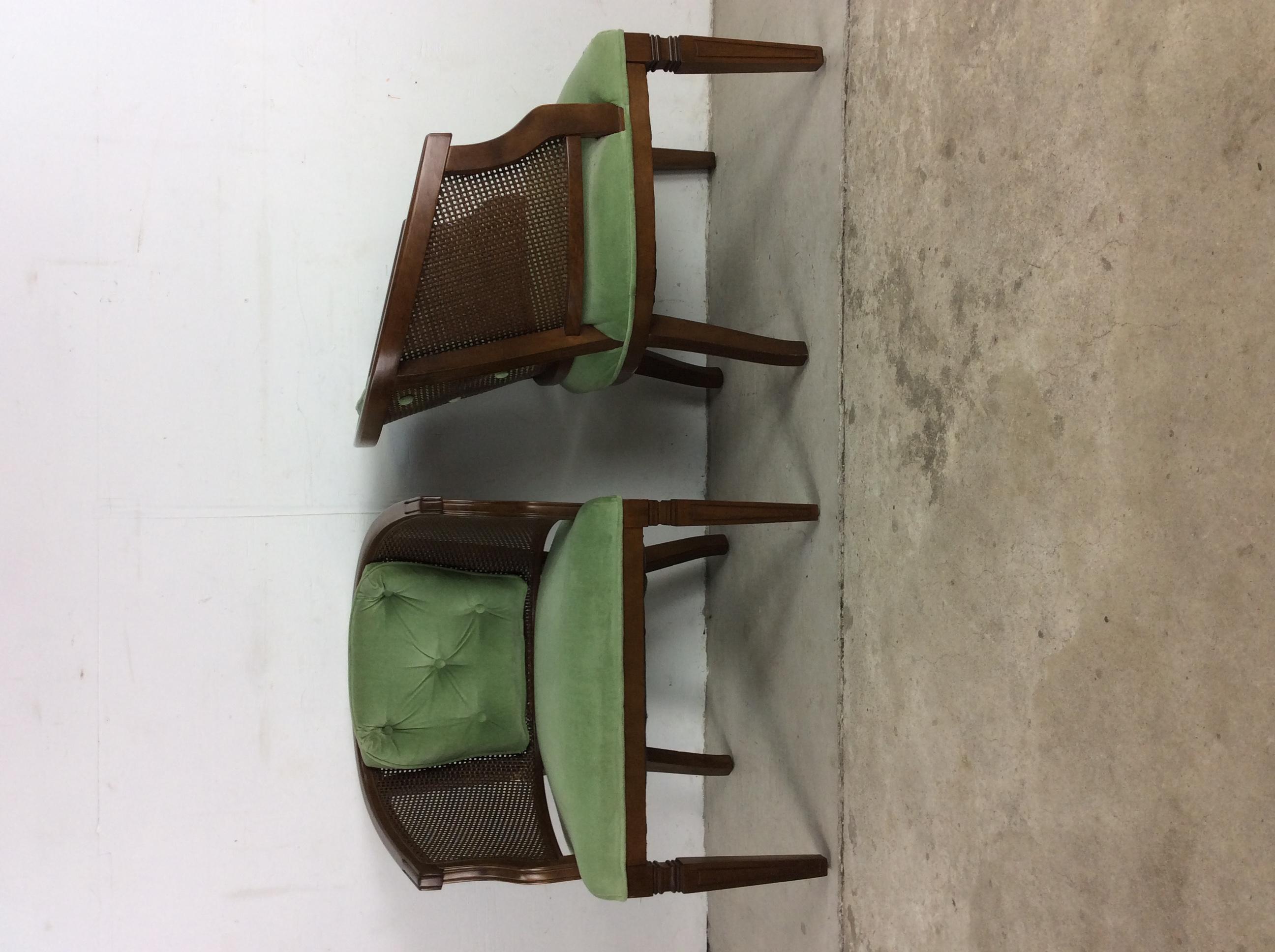 Pair of Mid-Century Modern Green Tufted Accent Chairs with Caning 7