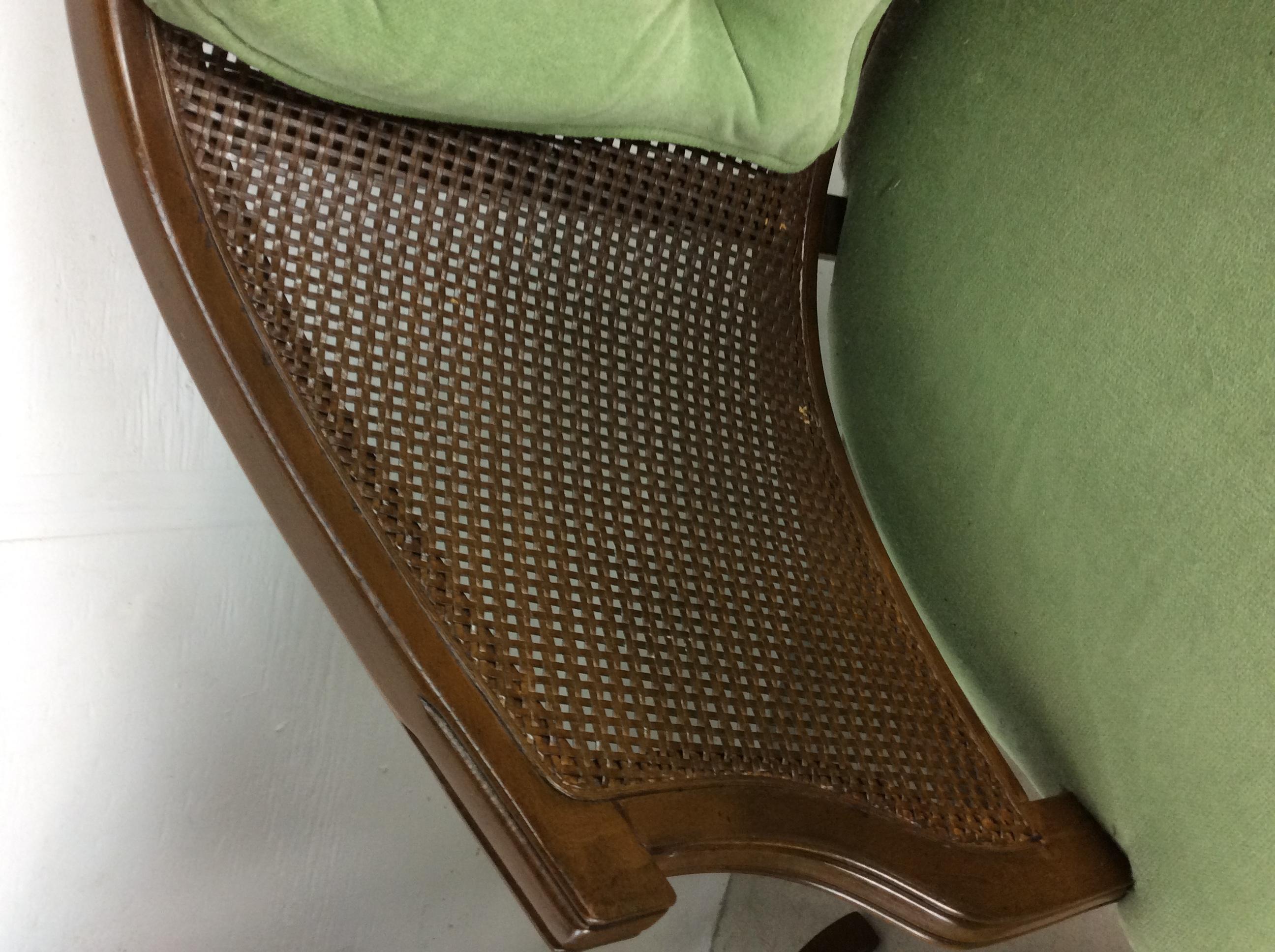 American Pair of Mid-Century Modern Green Tufted Accent Chairs with Caning