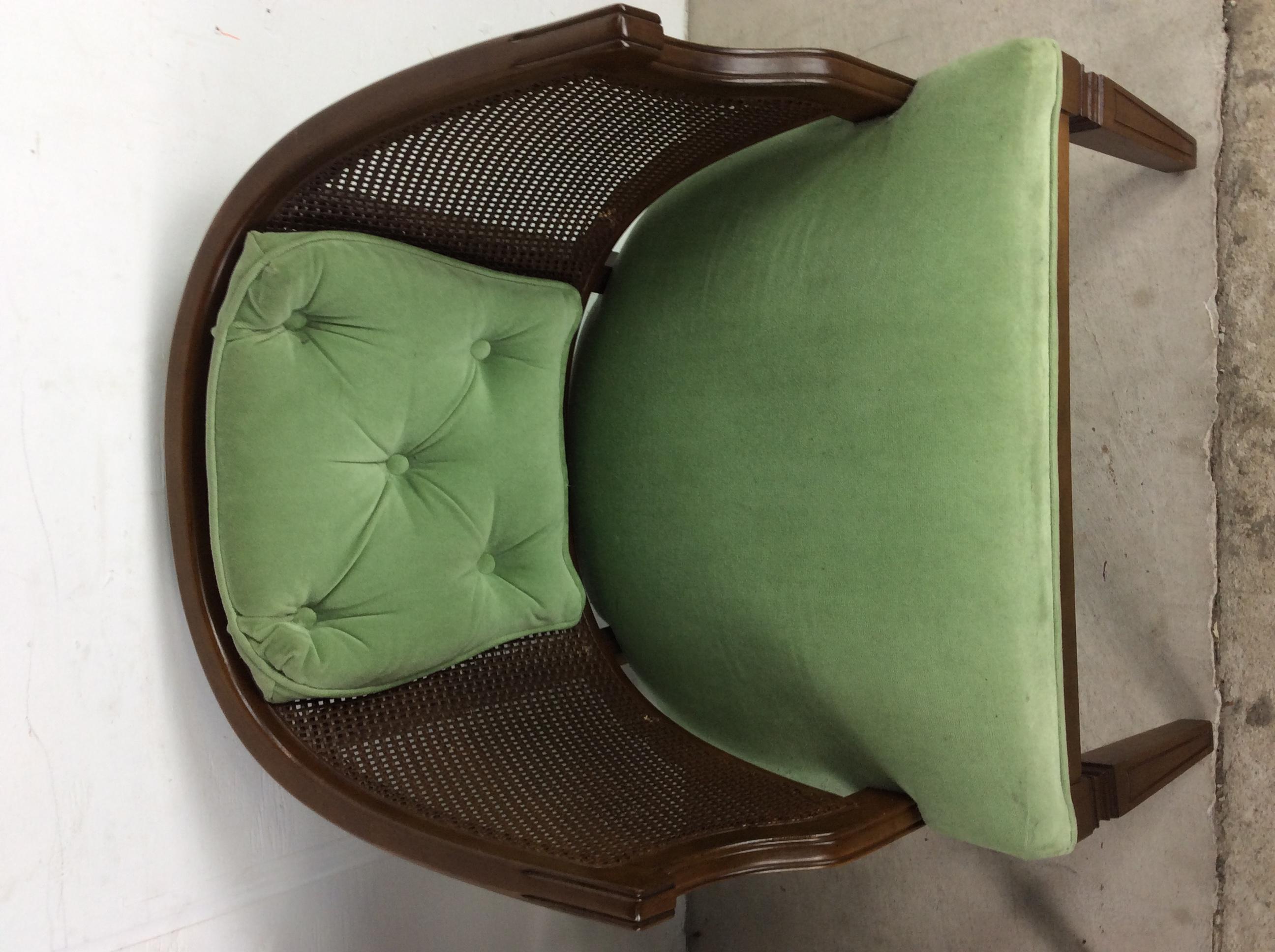 Pair of Mid-Century Modern Green Tufted Accent Chairs with Caning 1