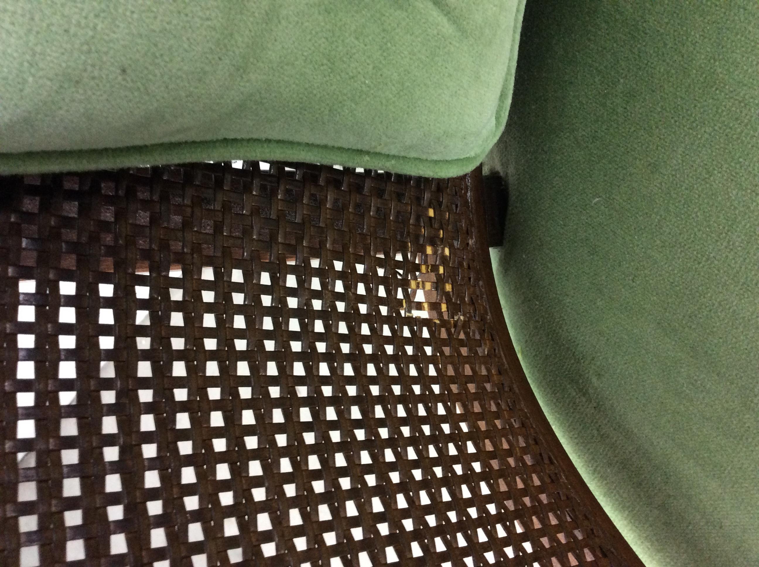 Pair of Mid-Century Modern Green Tufted Accent Chairs with Caning 2