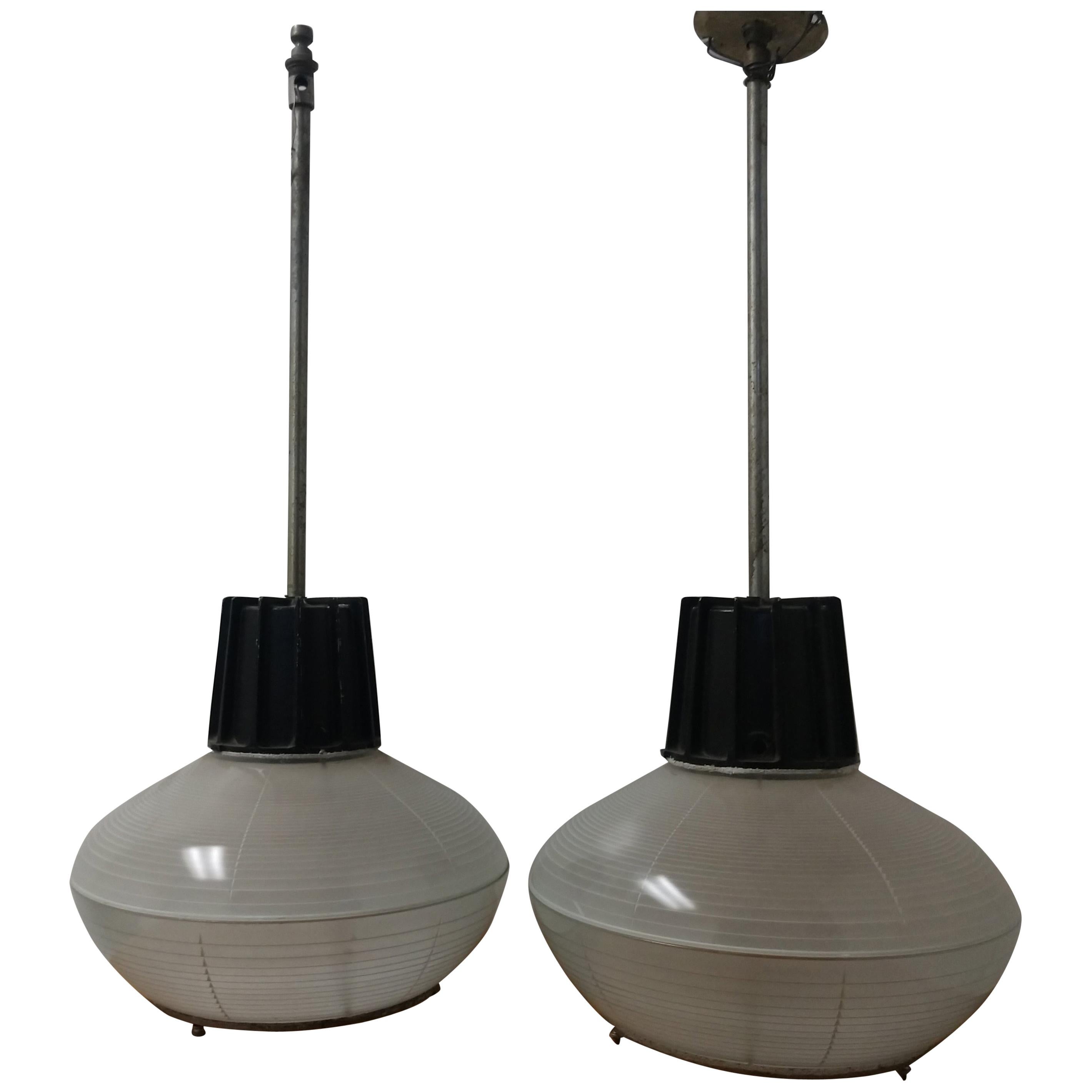 Pressed Pair of Mid-Century Modern C1955 Holophane Industrial Lamps For Sale