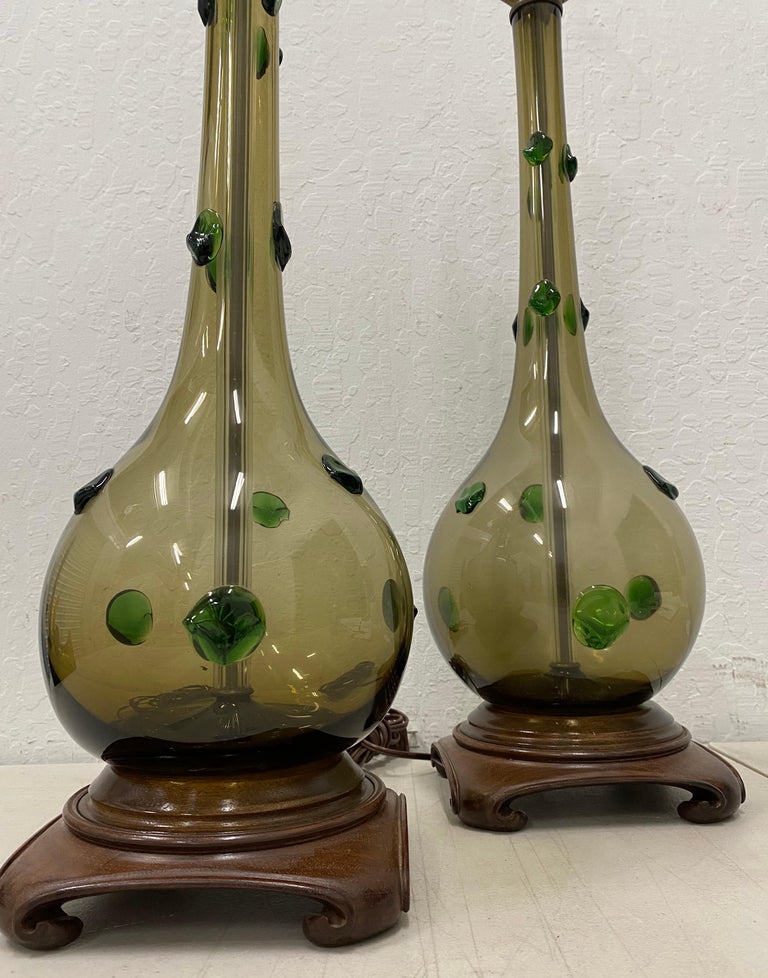 Pair of Mid-Century Modern Hand Blown Glass Lamps with Green Prunt ...