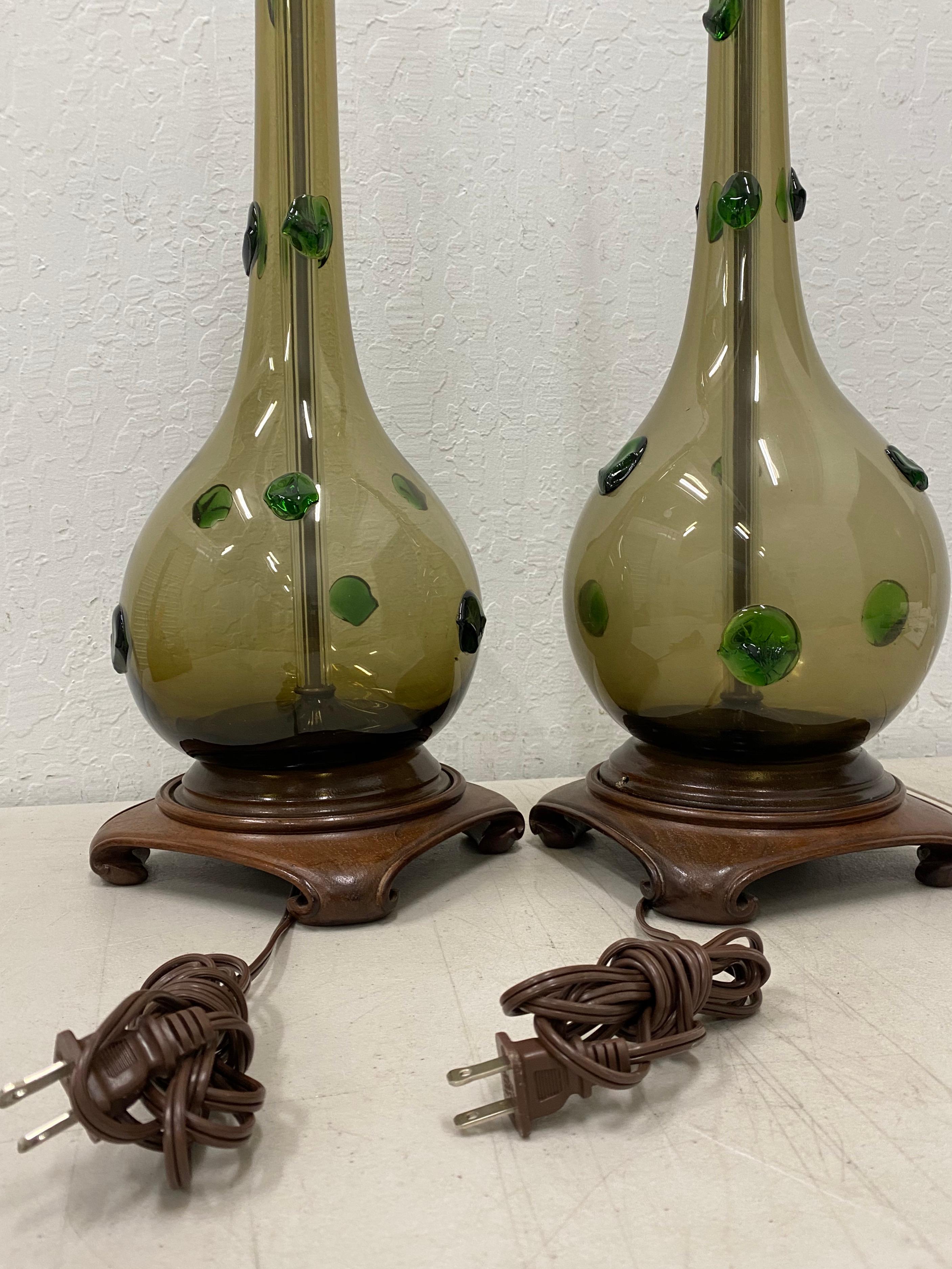 Italian Pair of Mid-Century Modern Hand Blown Glass Lamps with Green Prunt Drops