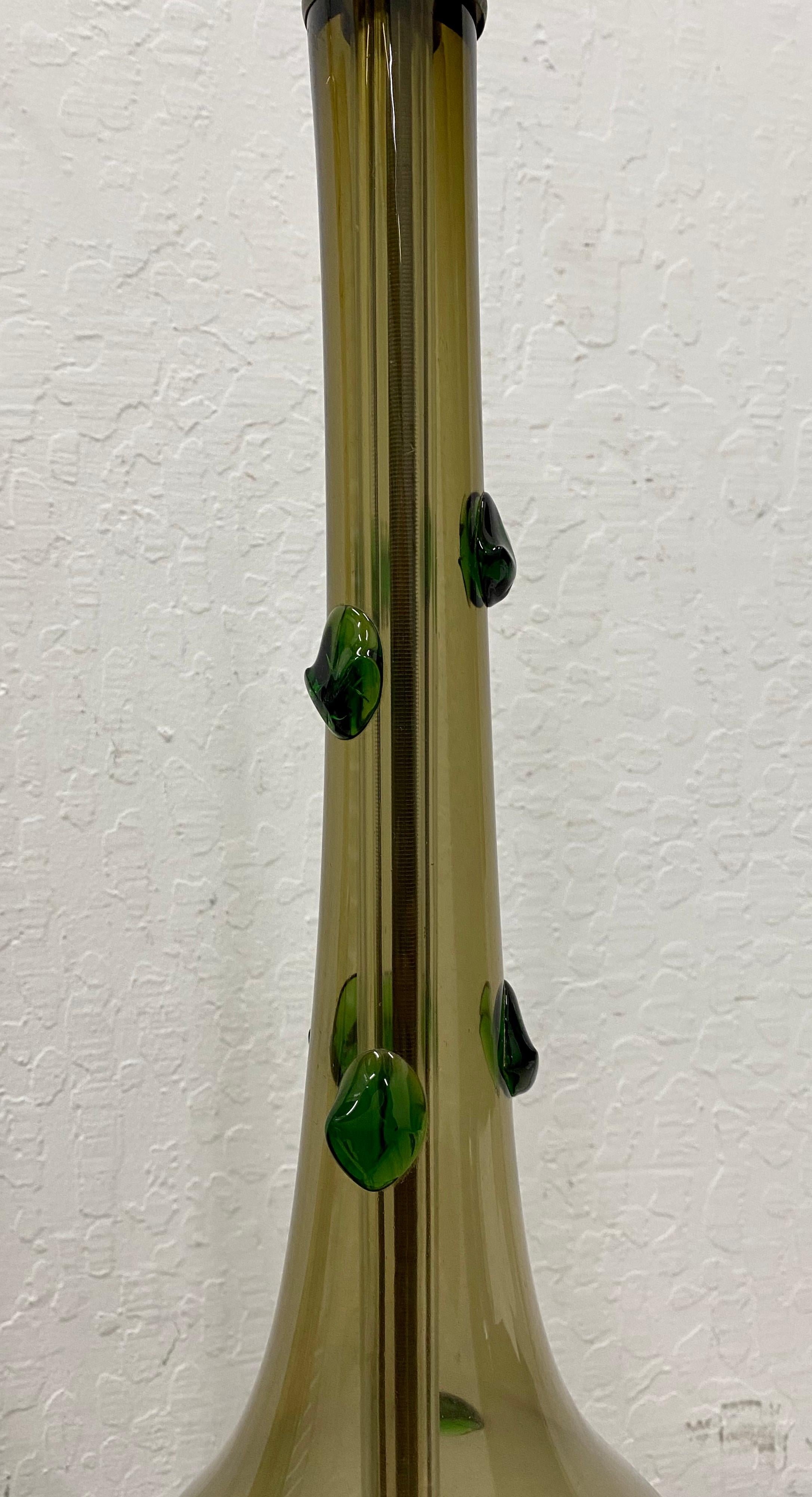 Hand-Crafted Pair of Mid-Century Modern Hand Blown Glass Lamps with Green Prunt Drops