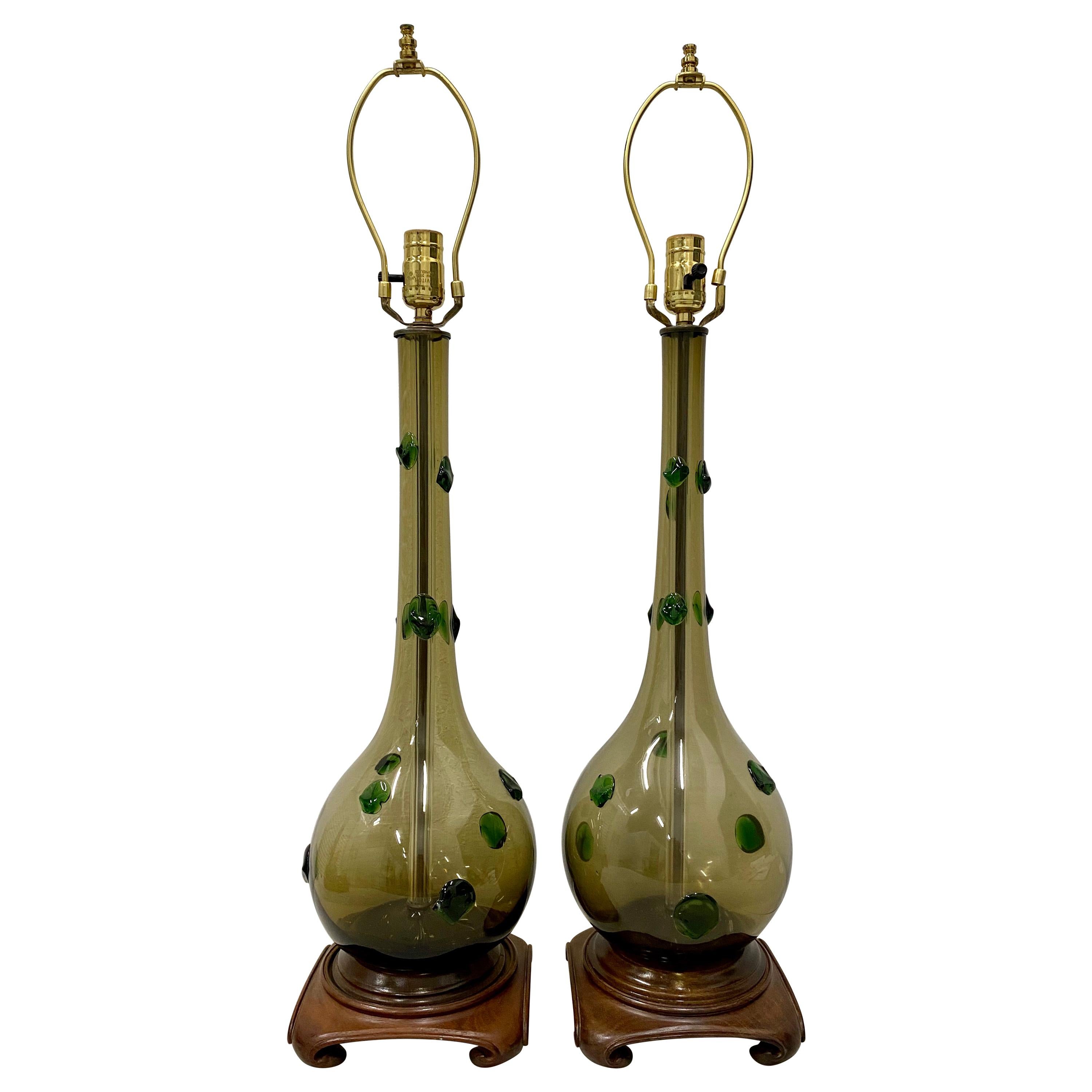 Pair of Mid-Century Modern Hand Blown Glass Lamps with Green Prunt Drops