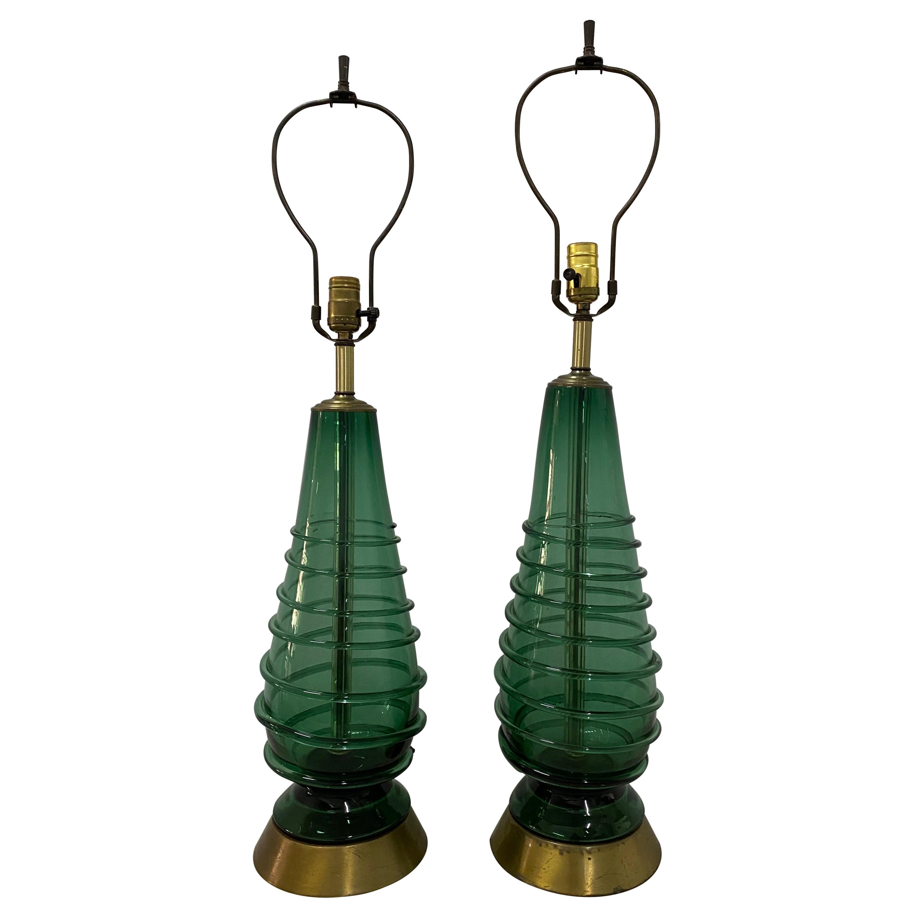 Pair of Mid-Century Modern Hand Blown Green Glass Swirl Table Lamps, circa 1960