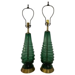 Pair of Mid-Century Modern Hand Blown Green Glass Swirl Table Lamps, circa 1960