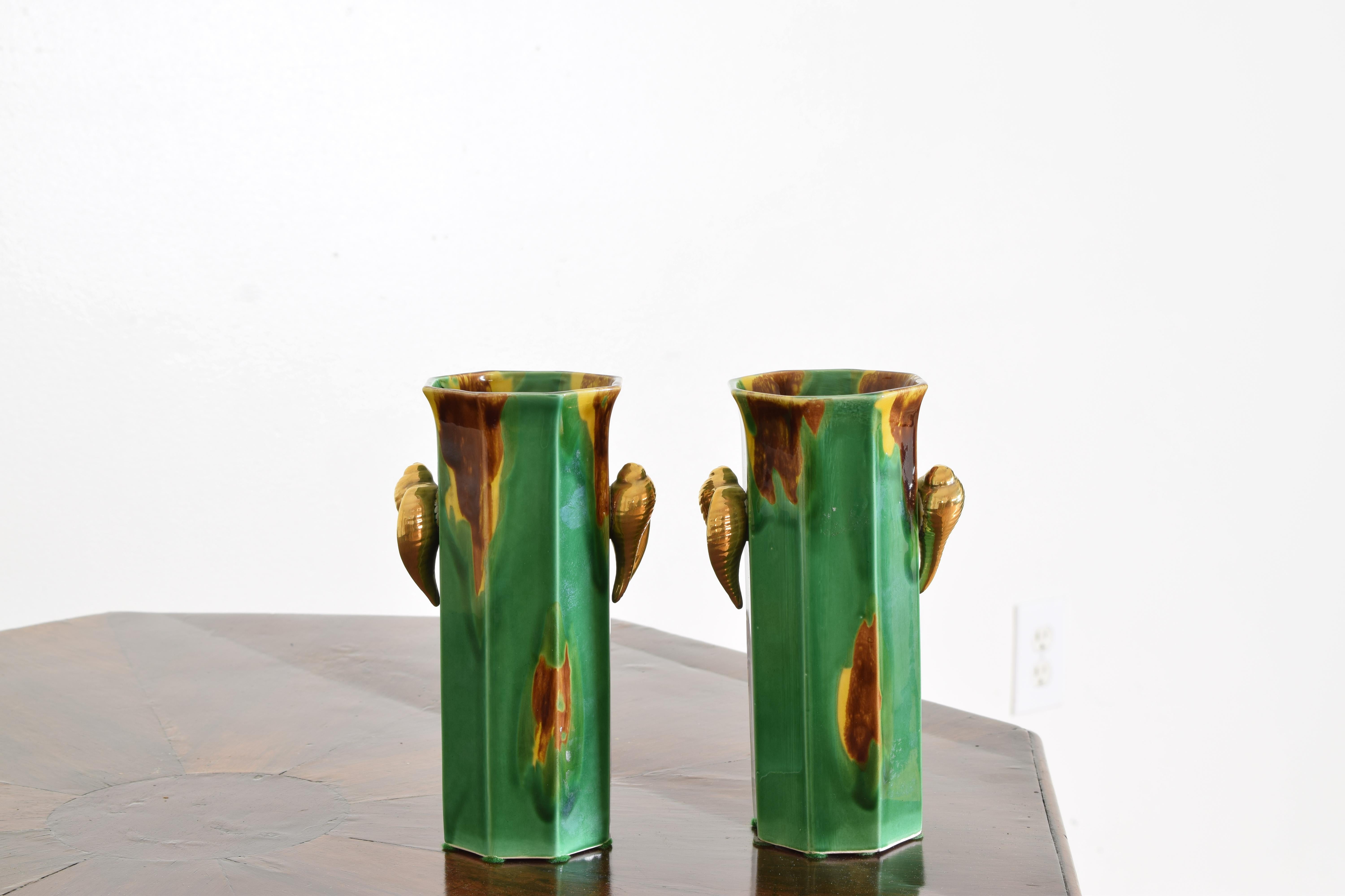 Italian Pair of Mid-Century Modern Hand Painted Vases with Gilded Shell Decorative Forms For Sale