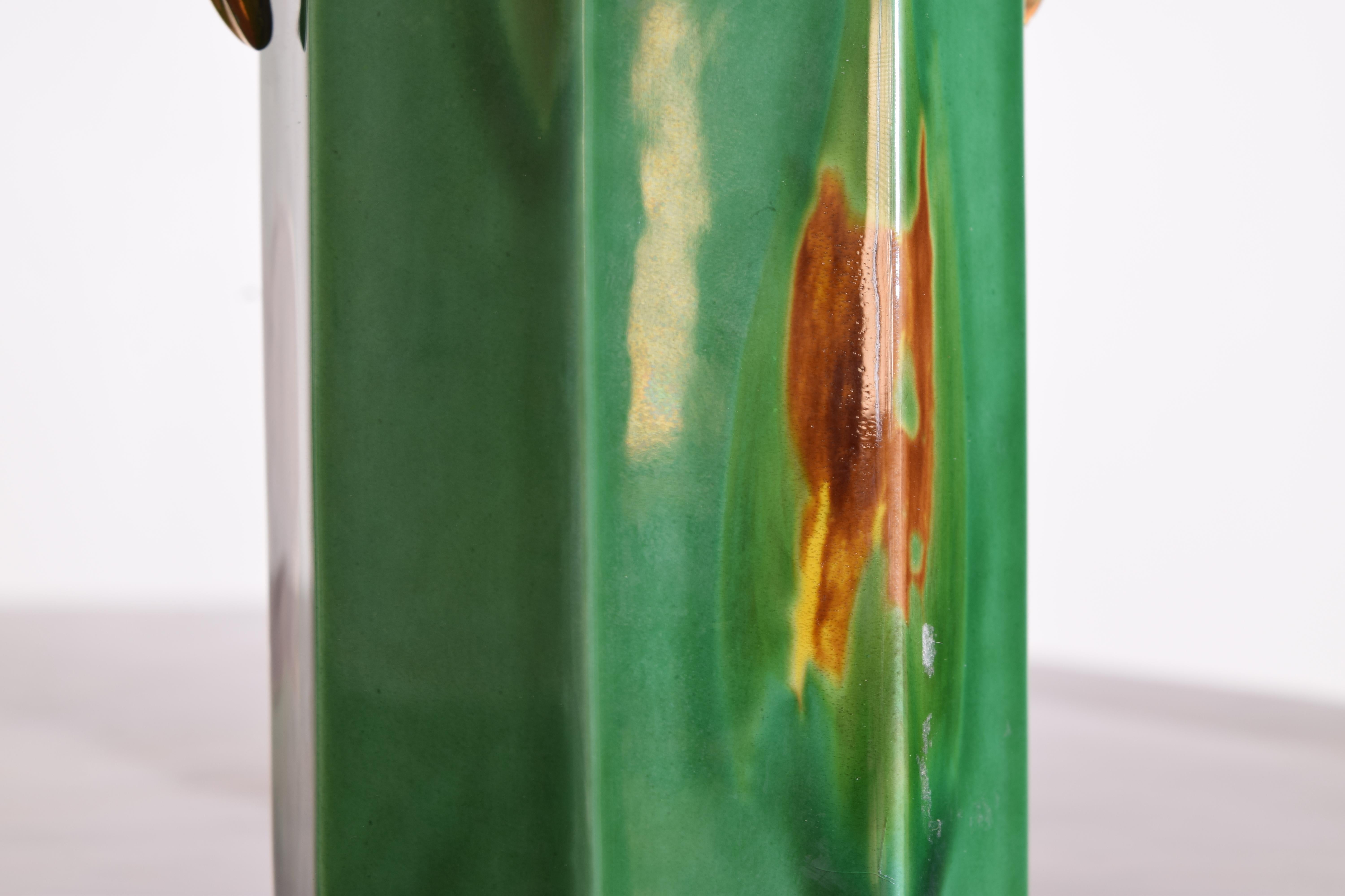 20th Century Pair of Mid-Century Modern Hand Painted Vases with Gilded Shell Decorative Forms For Sale