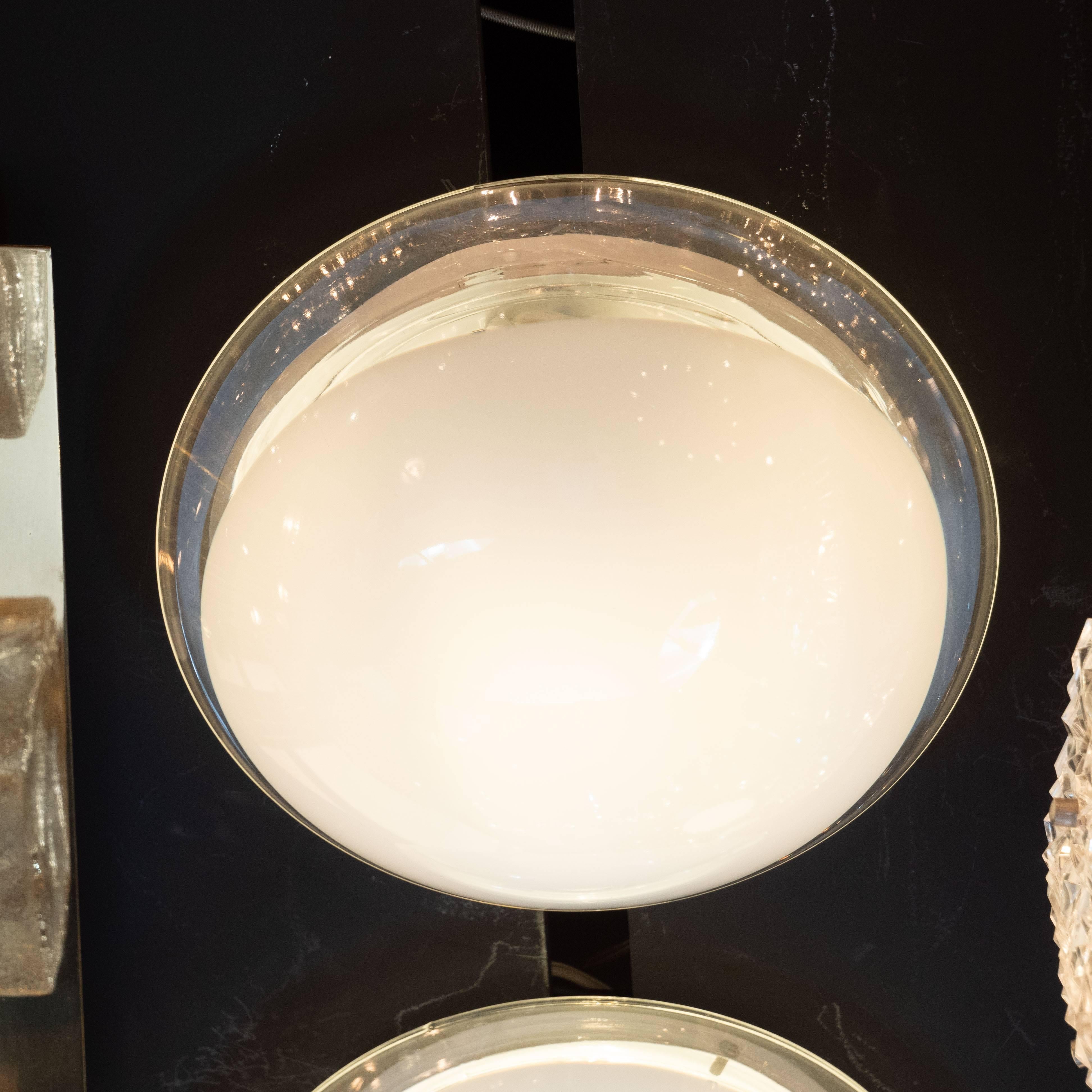 Italian Pair of Mid Century Modern Handblown Murano Clear & Opaque Glass Flush Mounts