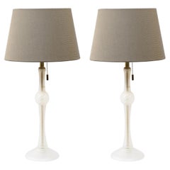 Pair of Mid-Century Modern Handblown Murano Frosted Glass & Brass Table Lamps