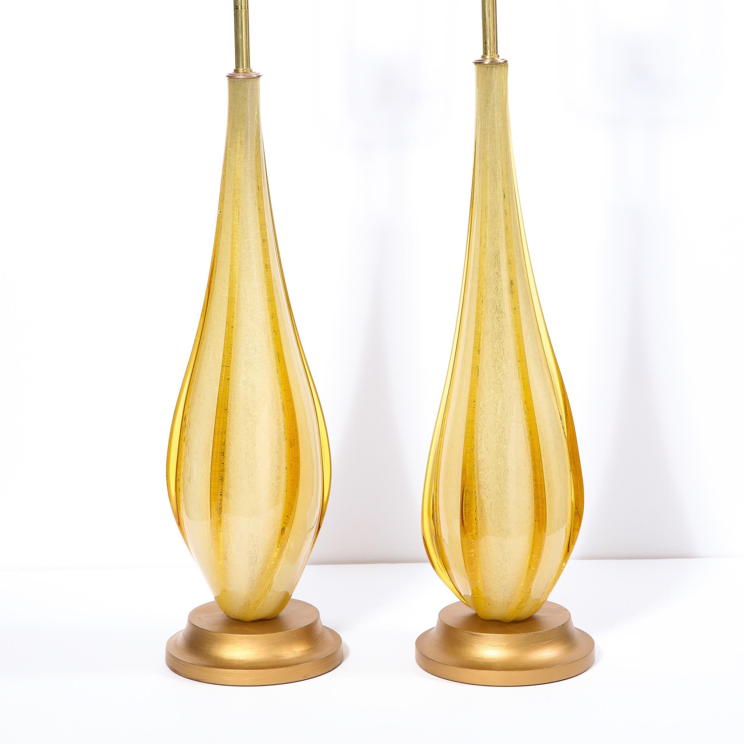 Italian Pair of Mid-Century Modern Handblown Murano Table Lamps with Brass Fittings