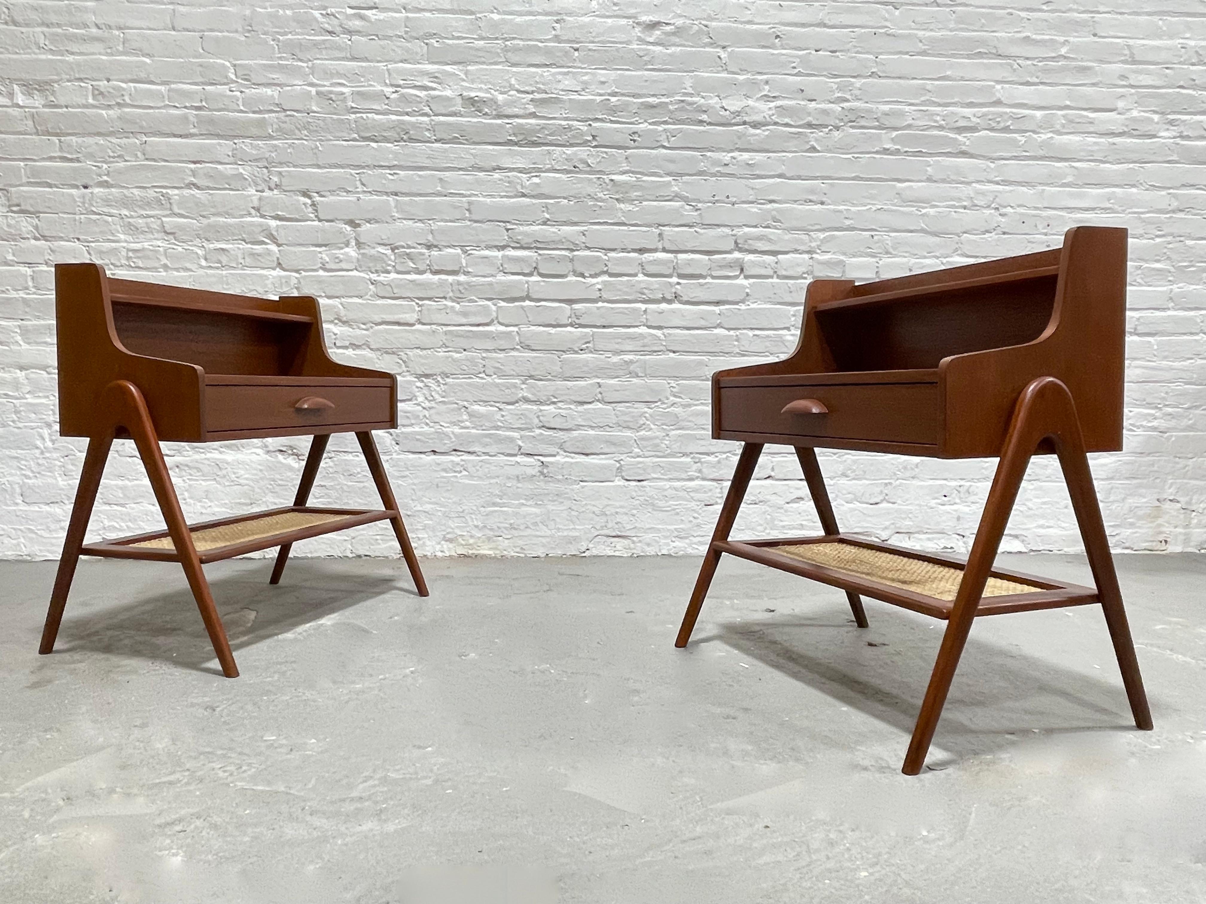 Pair of Mid-Century Modern Handcrafted Caned Teak Cabinets / Entryway Tables In New Condition For Sale In Weehawken, NJ