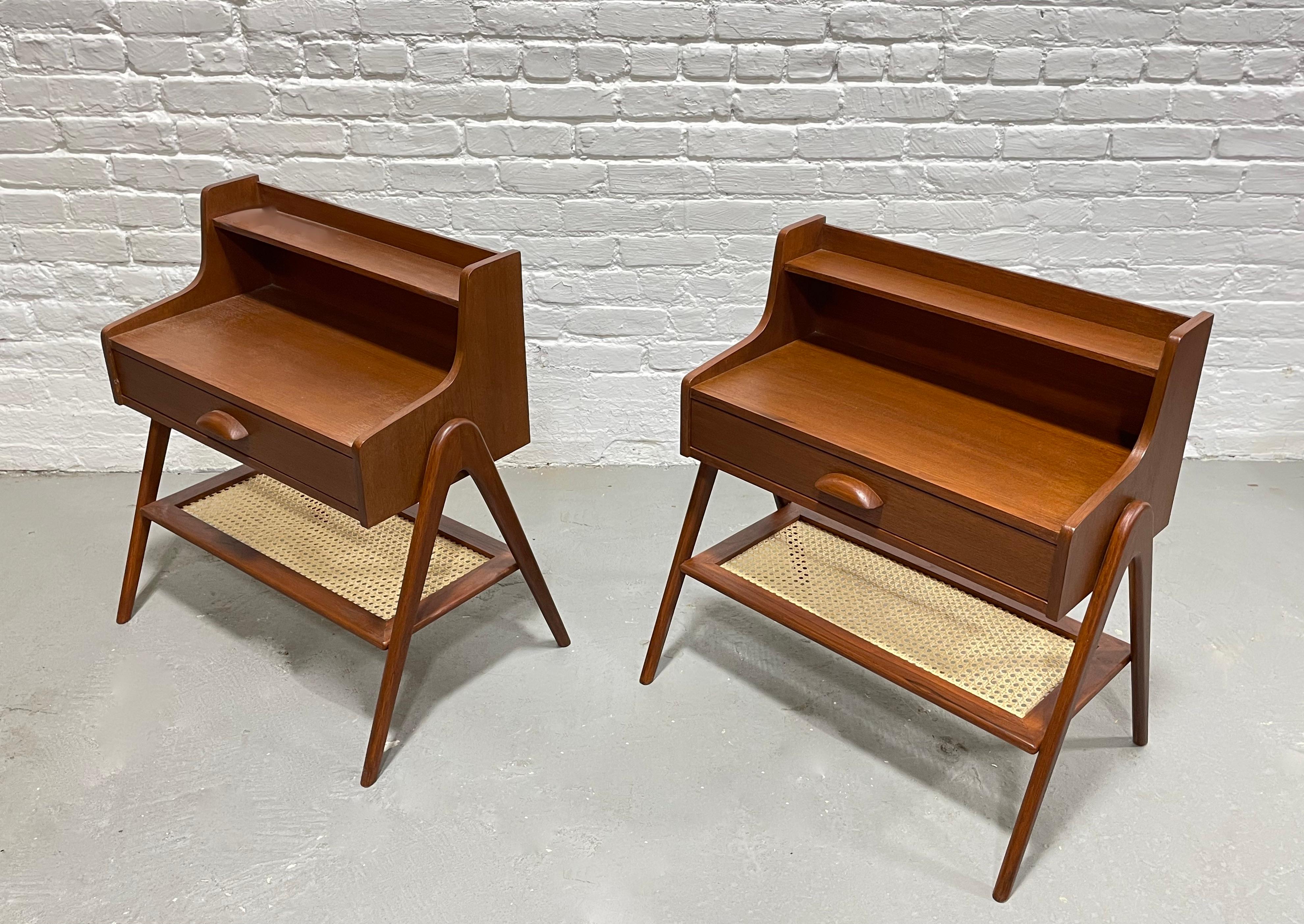 Pair of Mid-Century Modern Handcrafted Caned Teak Cabinets / Entryway Tables For Sale 2