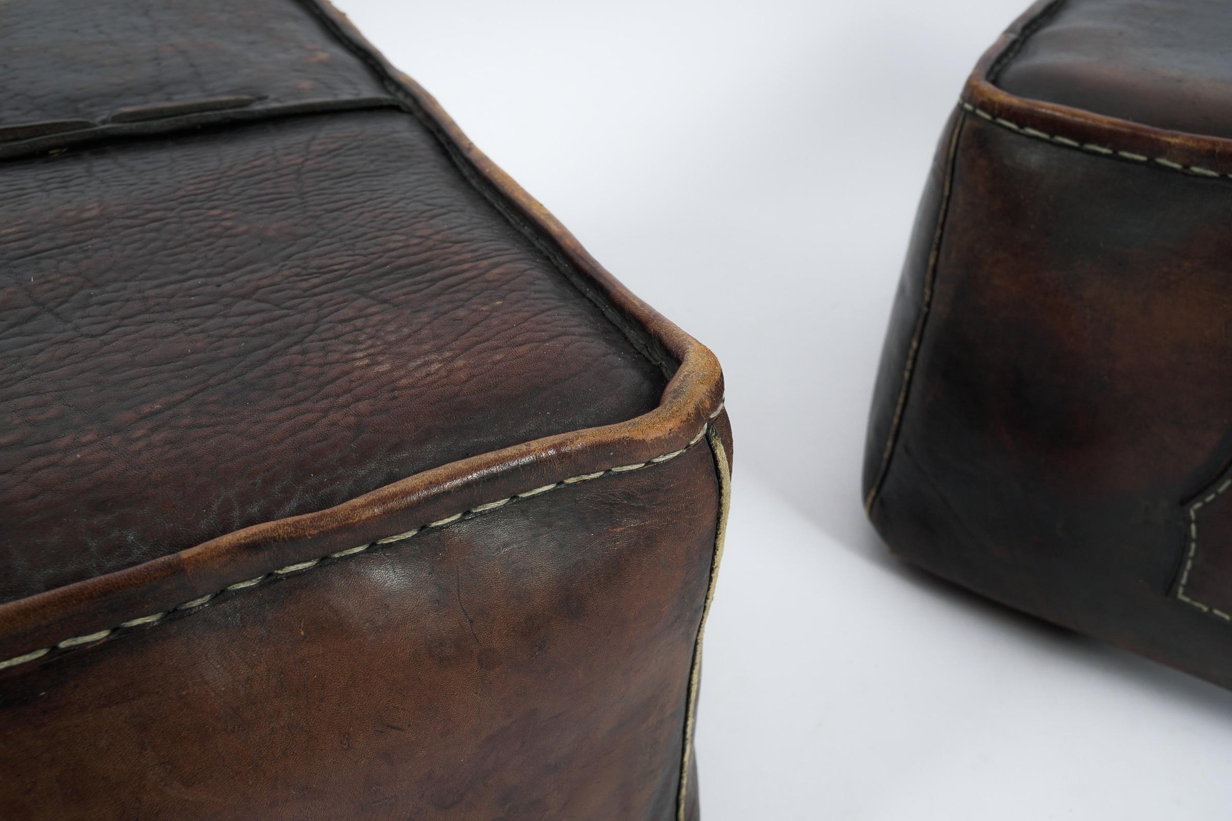 Pair of Mid-Century Modern Handmade Neck Leather Poufs For Sale 13