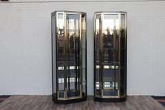 Pair of Mid-Century Modern Henredon Black Lacquer & Brass Glass Display Cabinets