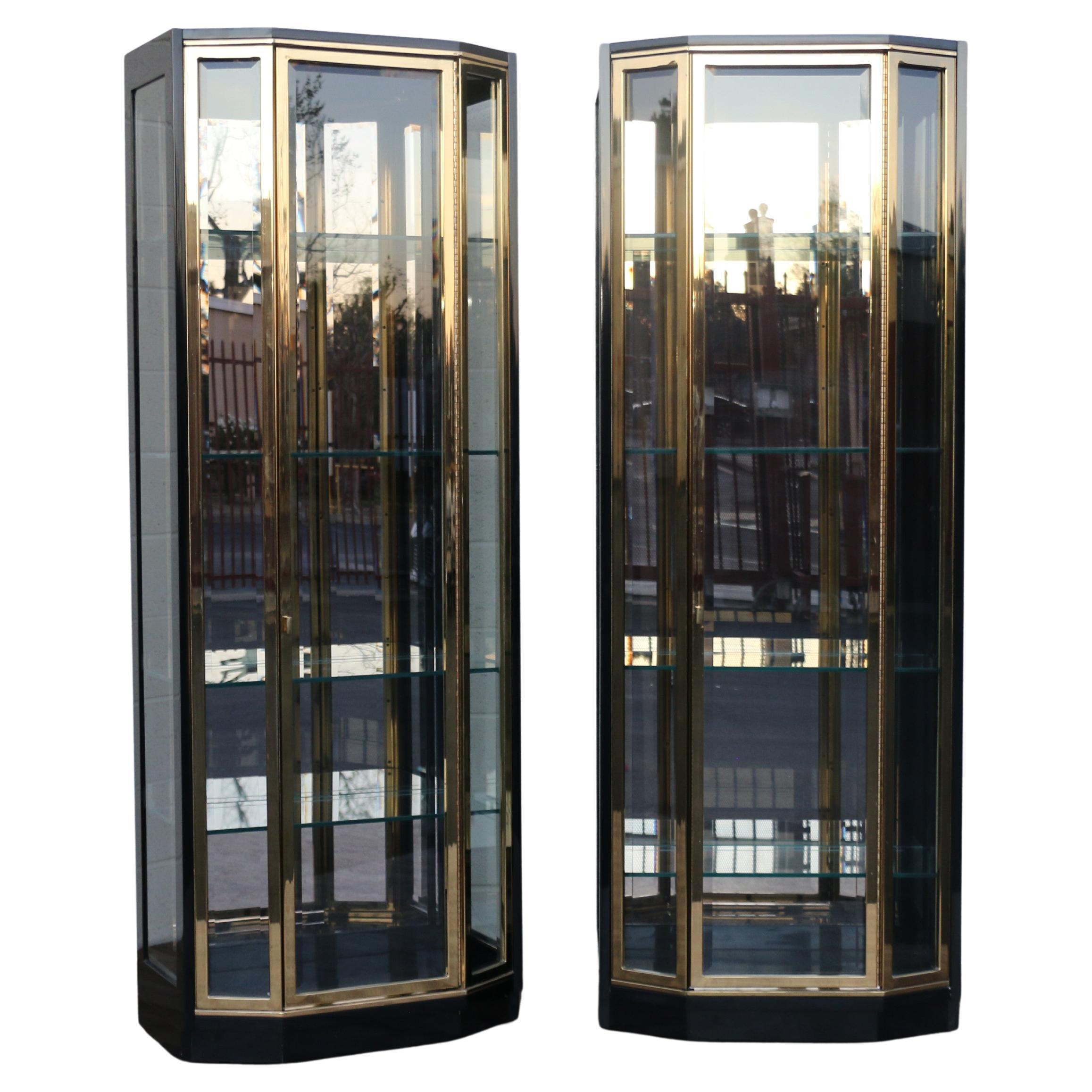 Pair of Mid-Century Modern Henredon Black Lacquer & Brass Glass Display Cabinets