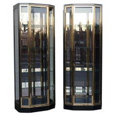 Pair of Mid-Century Modern Henredon Black Lacquer & Brass Glass Display Cabinets