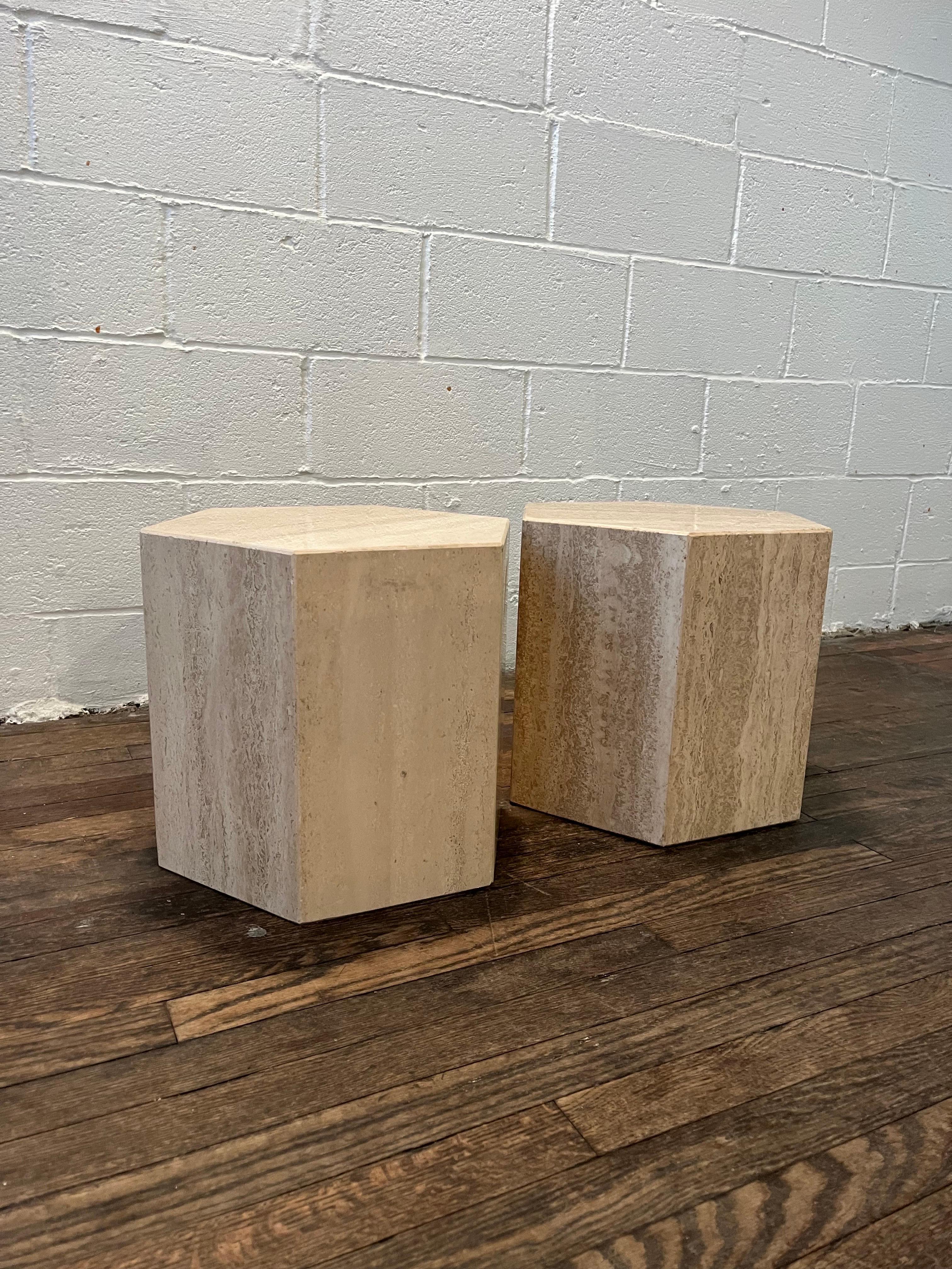 Pair of Mid-Century Modern travertine hexagon end tables pedestals.
Curbside to NYC/Philly $350