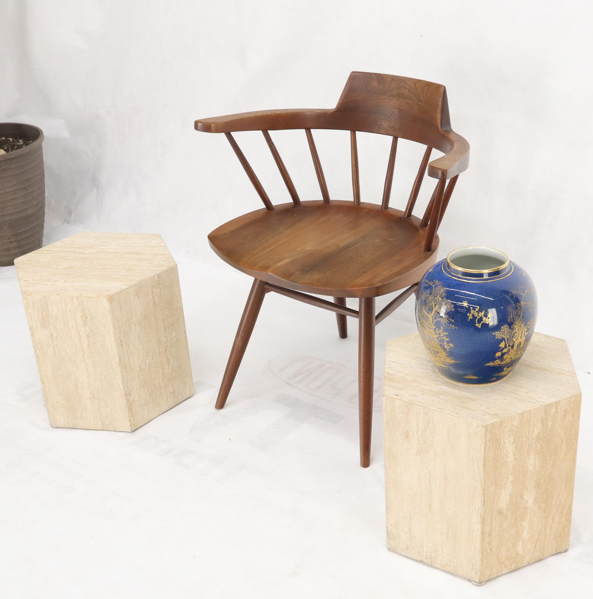 Pair of Mid-Century Modern travertine hexagon end tables pedestals.