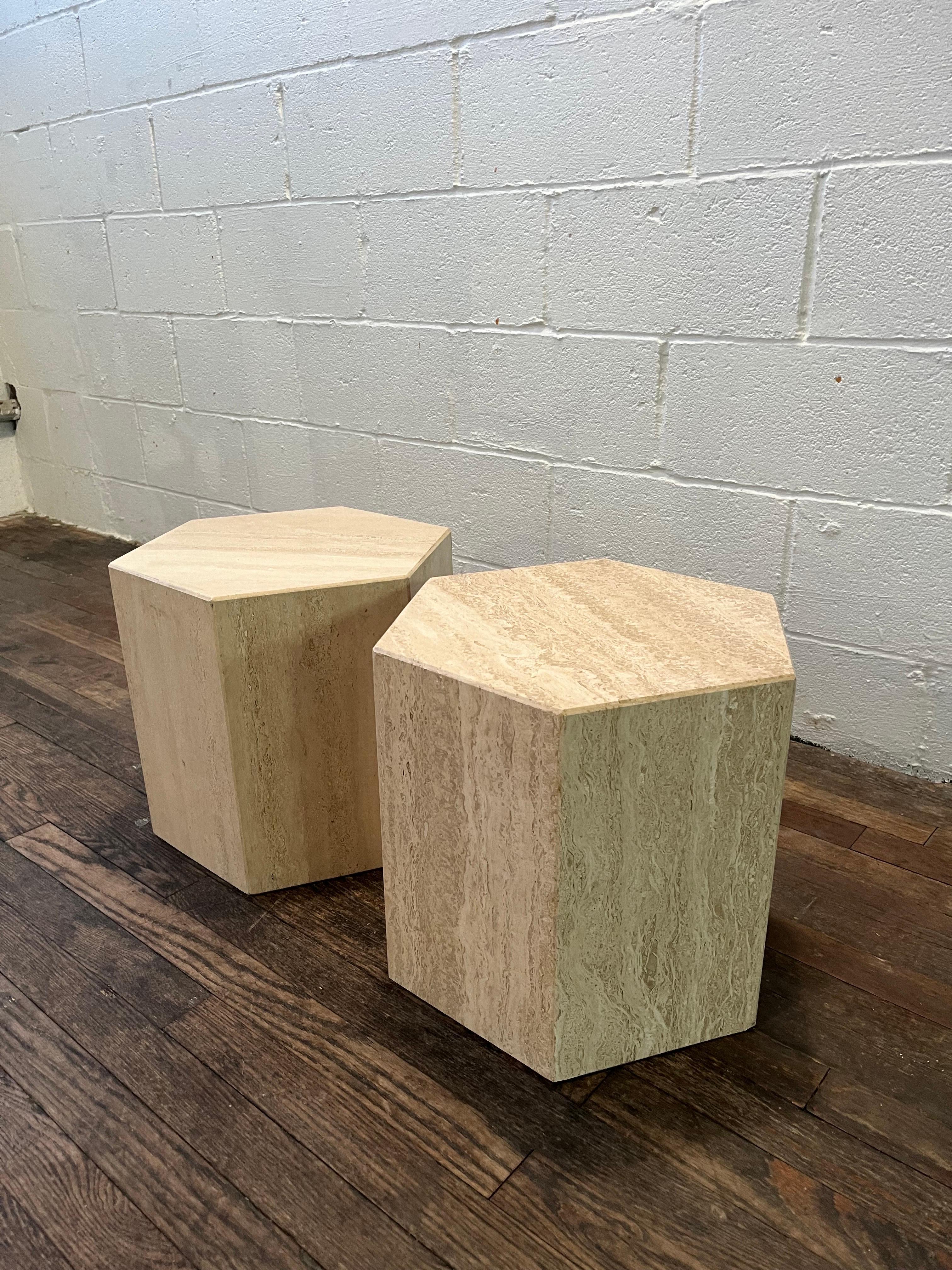 Pair of Mid-Century Modern Hexagon Shape Travertine Marble End Tables Pedestals In Good Condition For Sale In W Allenhurst, NJ