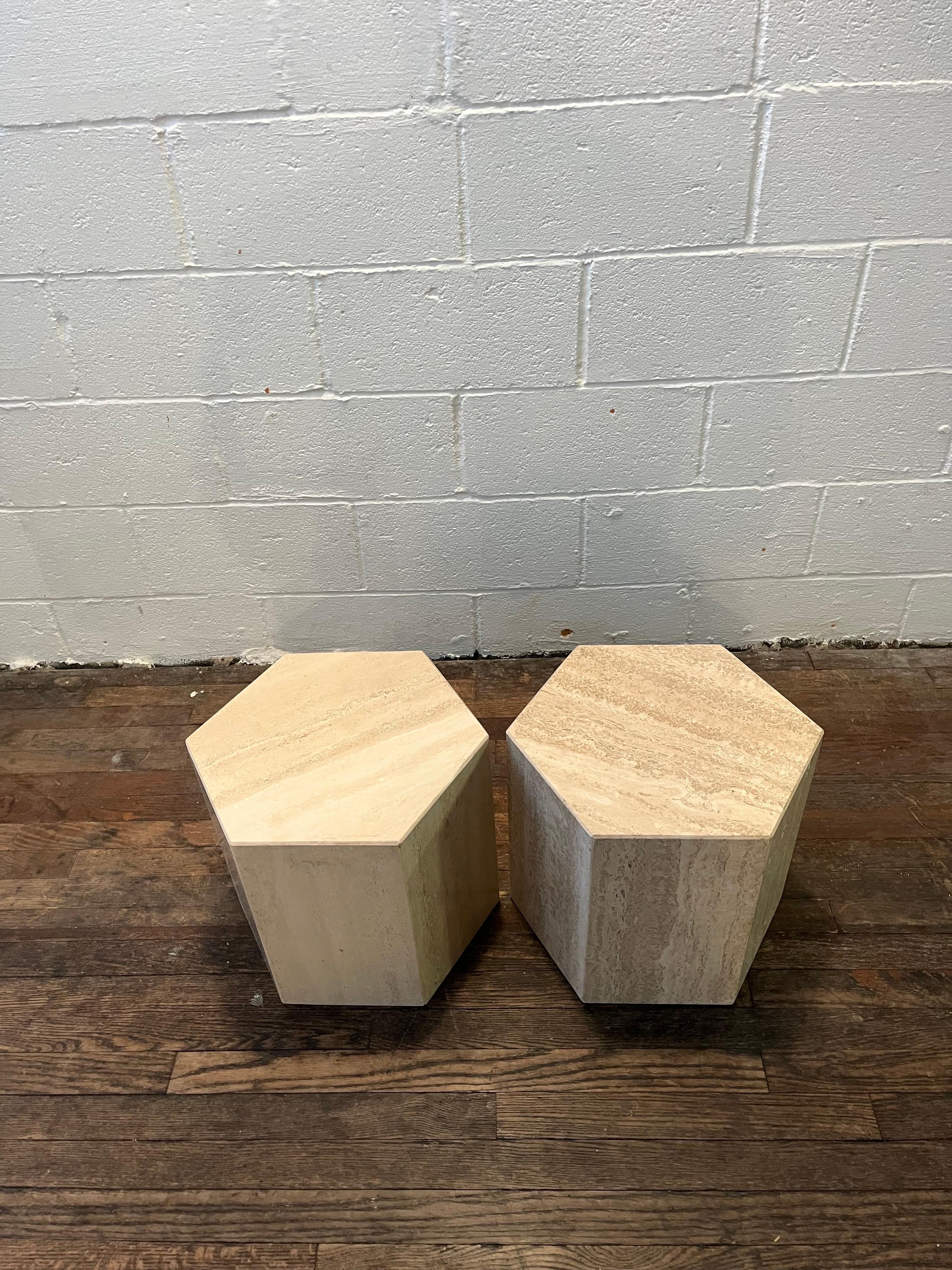 20th Century Pair of Mid-Century Modern Hexagon Shape Travertine Marble End Tables Pedestals For Sale