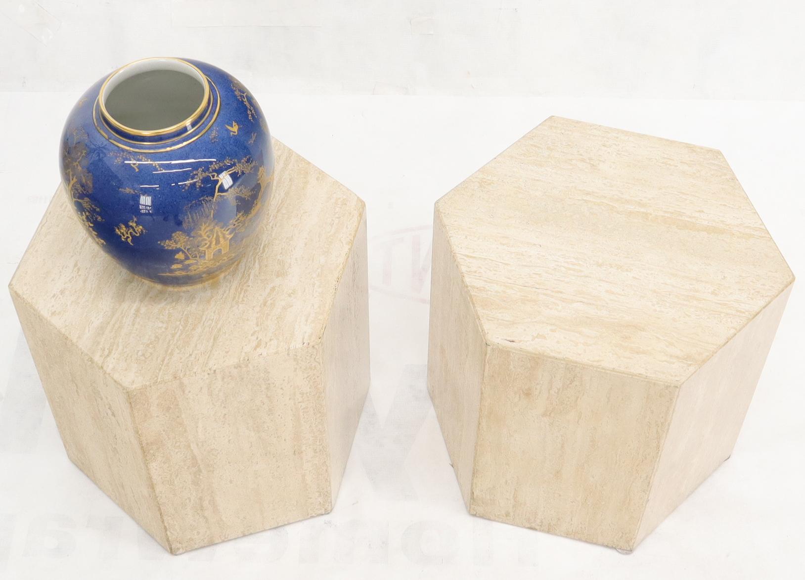Pair of Mid-Century Modern Hexagon Shape Travertine Marble End Tables Pedestals 1