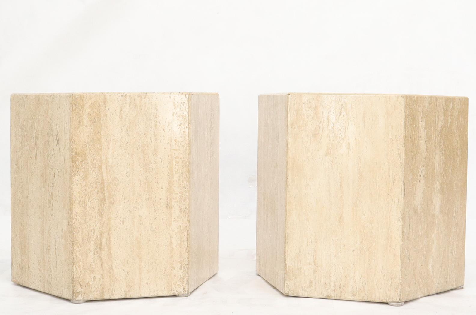 Pair of Mid-Century Modern Hexagon Shape Travertine Marble End Tables Pedestals 3