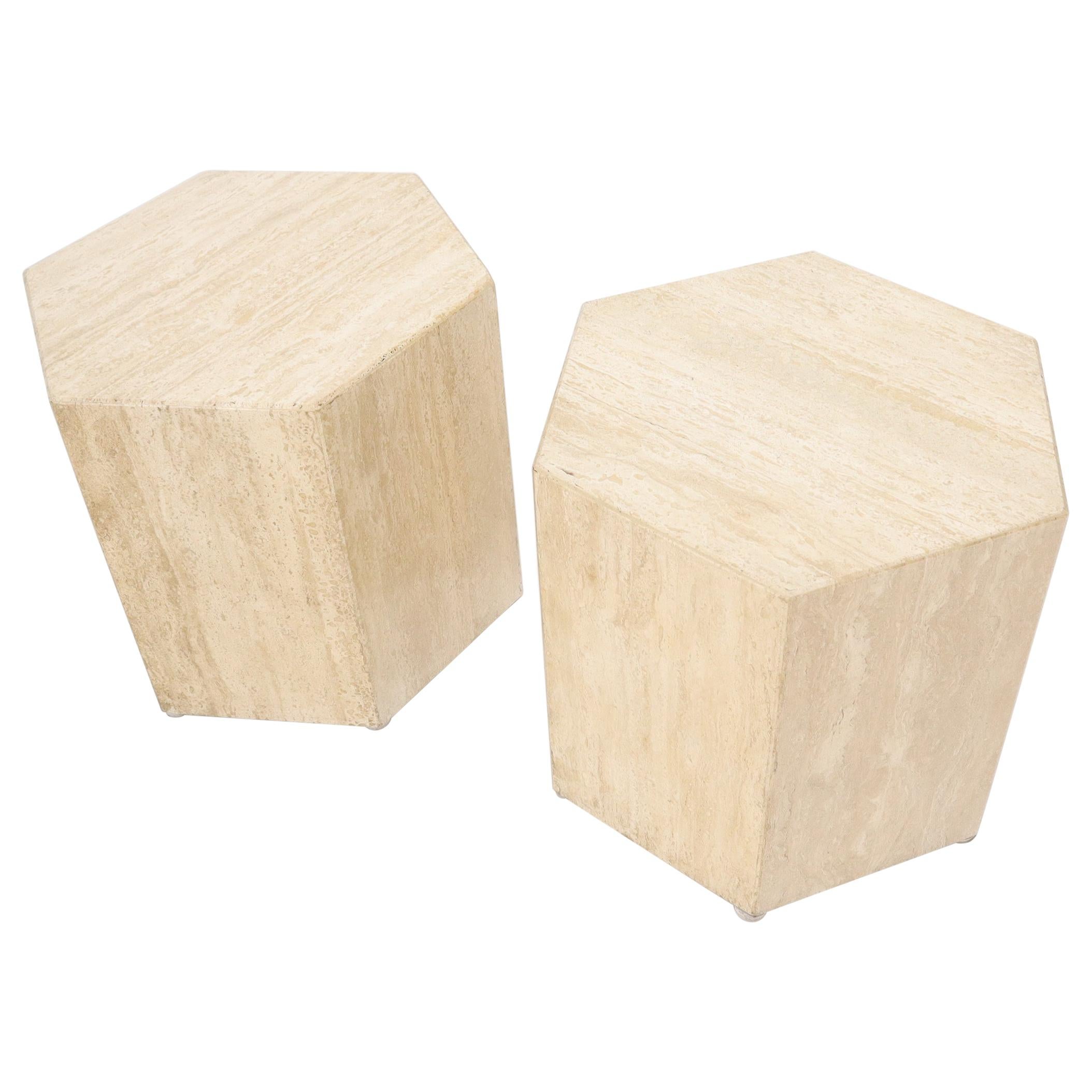 Pair of Mid-Century Modern Hexagon Shape Travertine Marble End Tables Pedestals