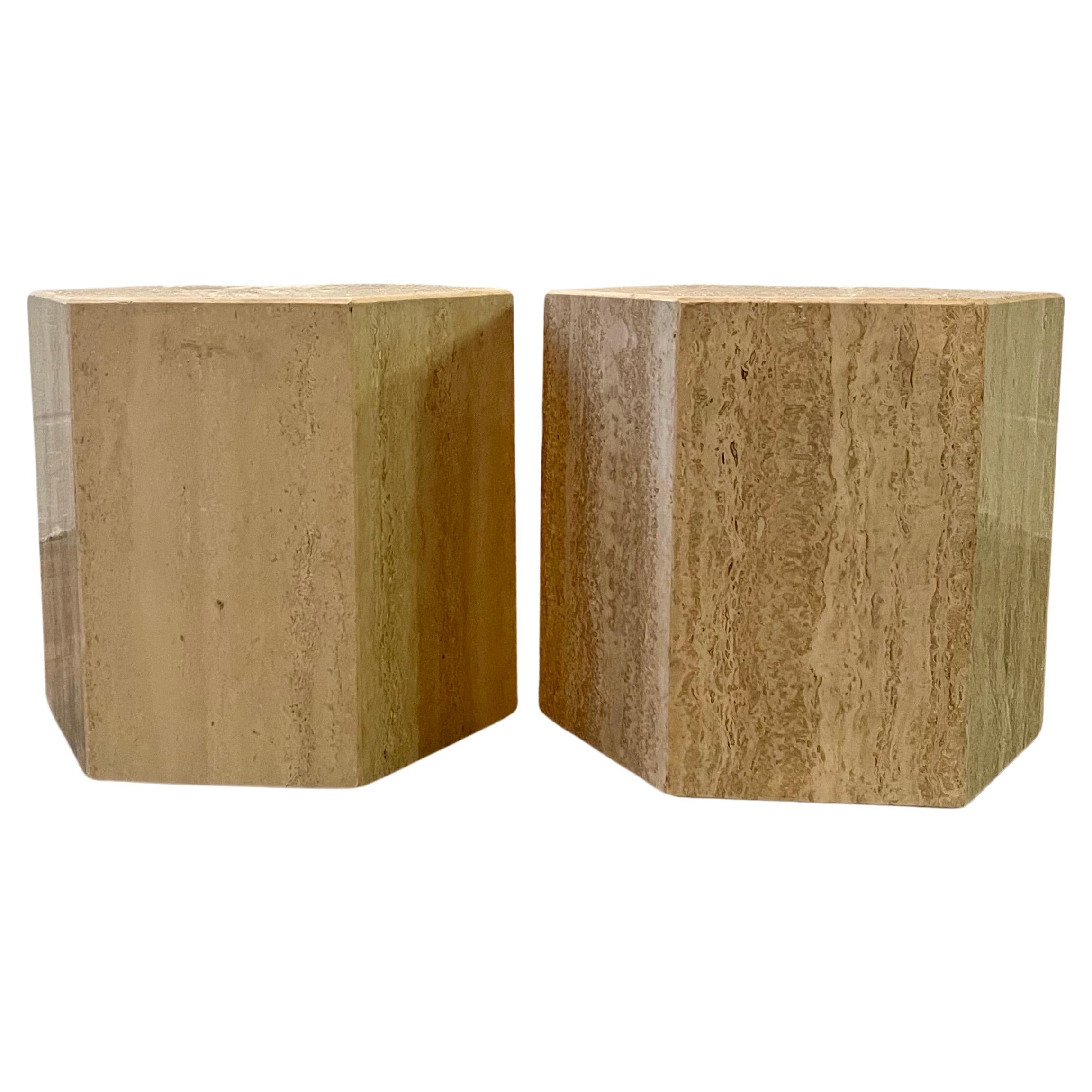 Pair of Mid-Century Modern Hexagon Shape Travertine Marble End Tables Pedestals For Sale