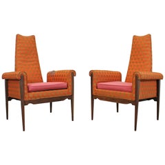 Pair of Mid-Century Modern High-Back Rolled Open Armchairs