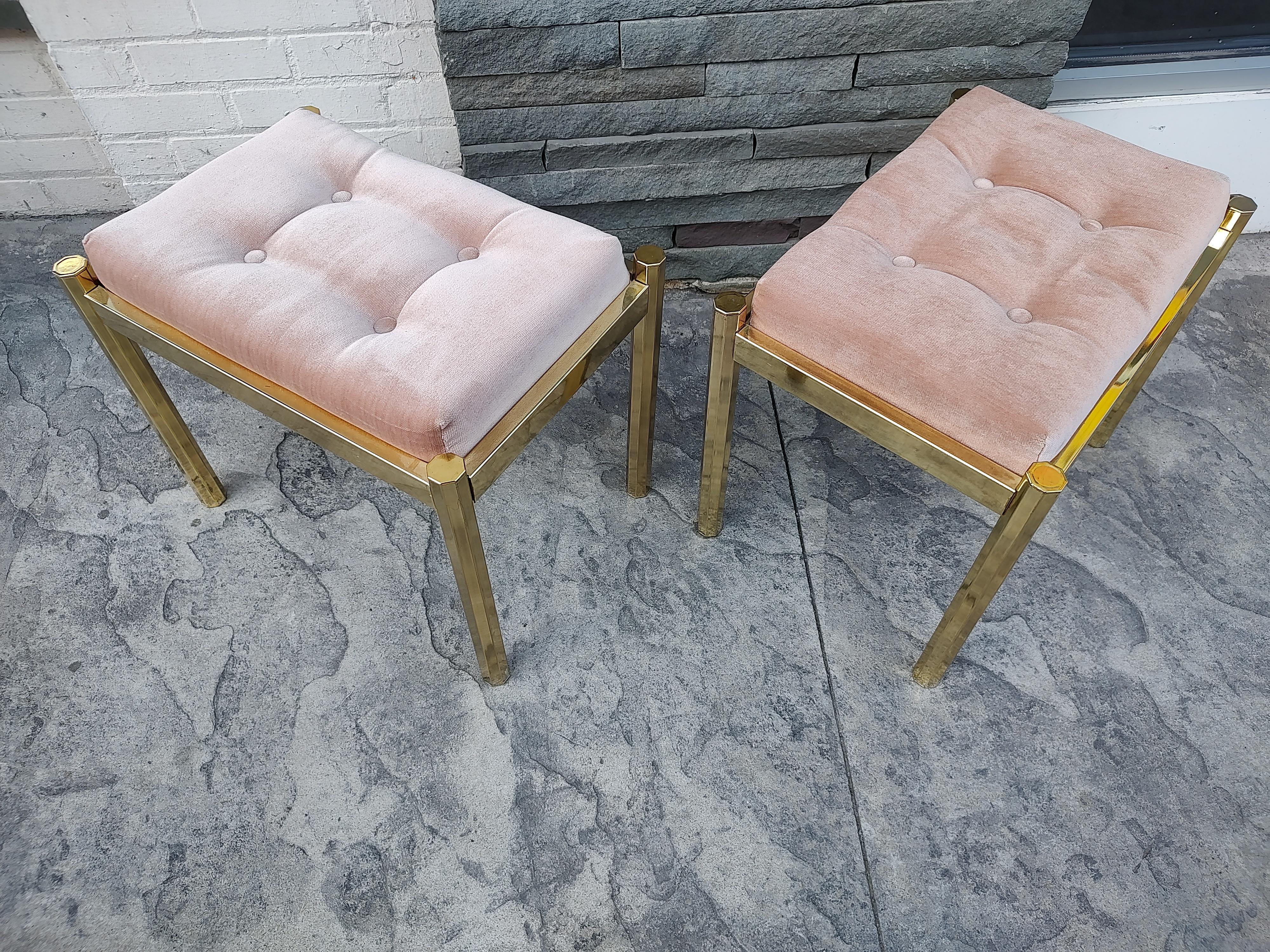 Pair of Mid-Century Modern Hollywood Regency Brass with Tufted Cushions Benches In Good Condition In Port Jervis, NY