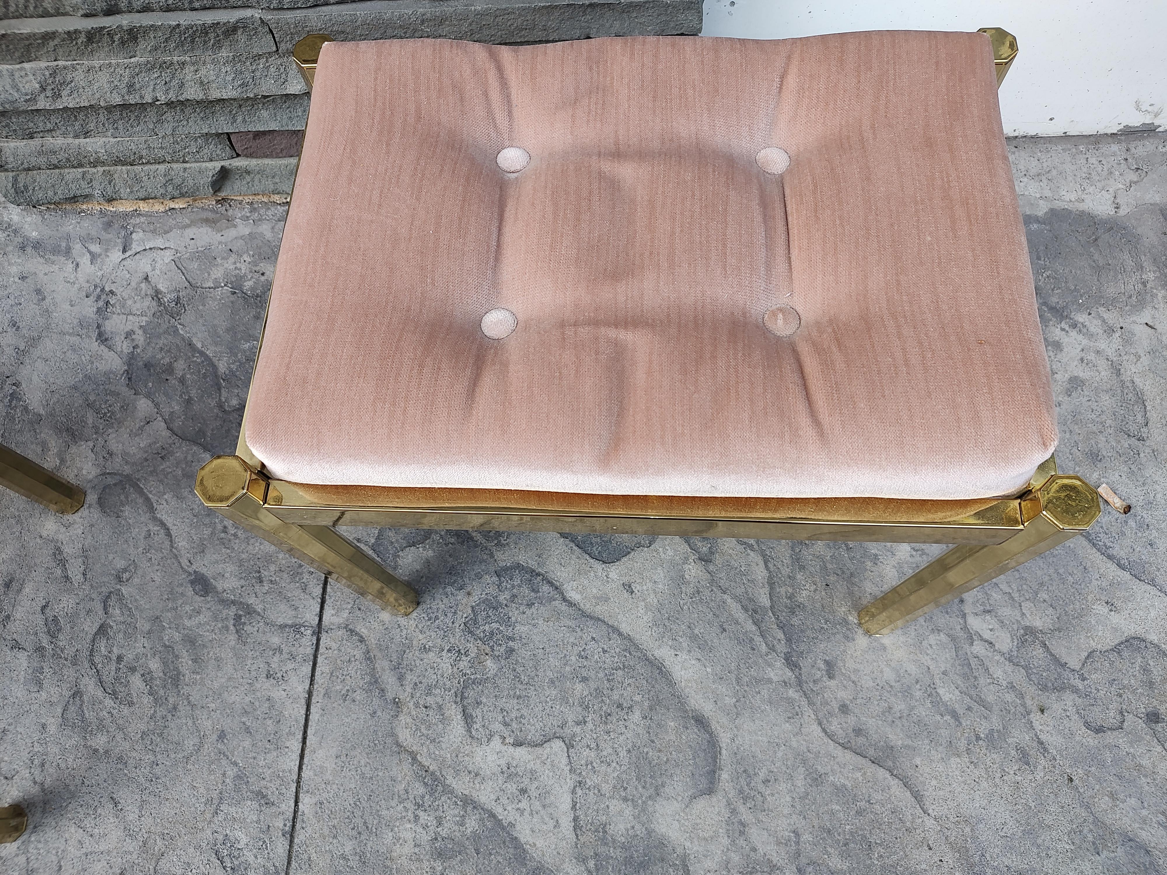 Late 20th Century Pair of Mid-Century Modern Hollywood Regency Brass with Tufted Cushions Benches