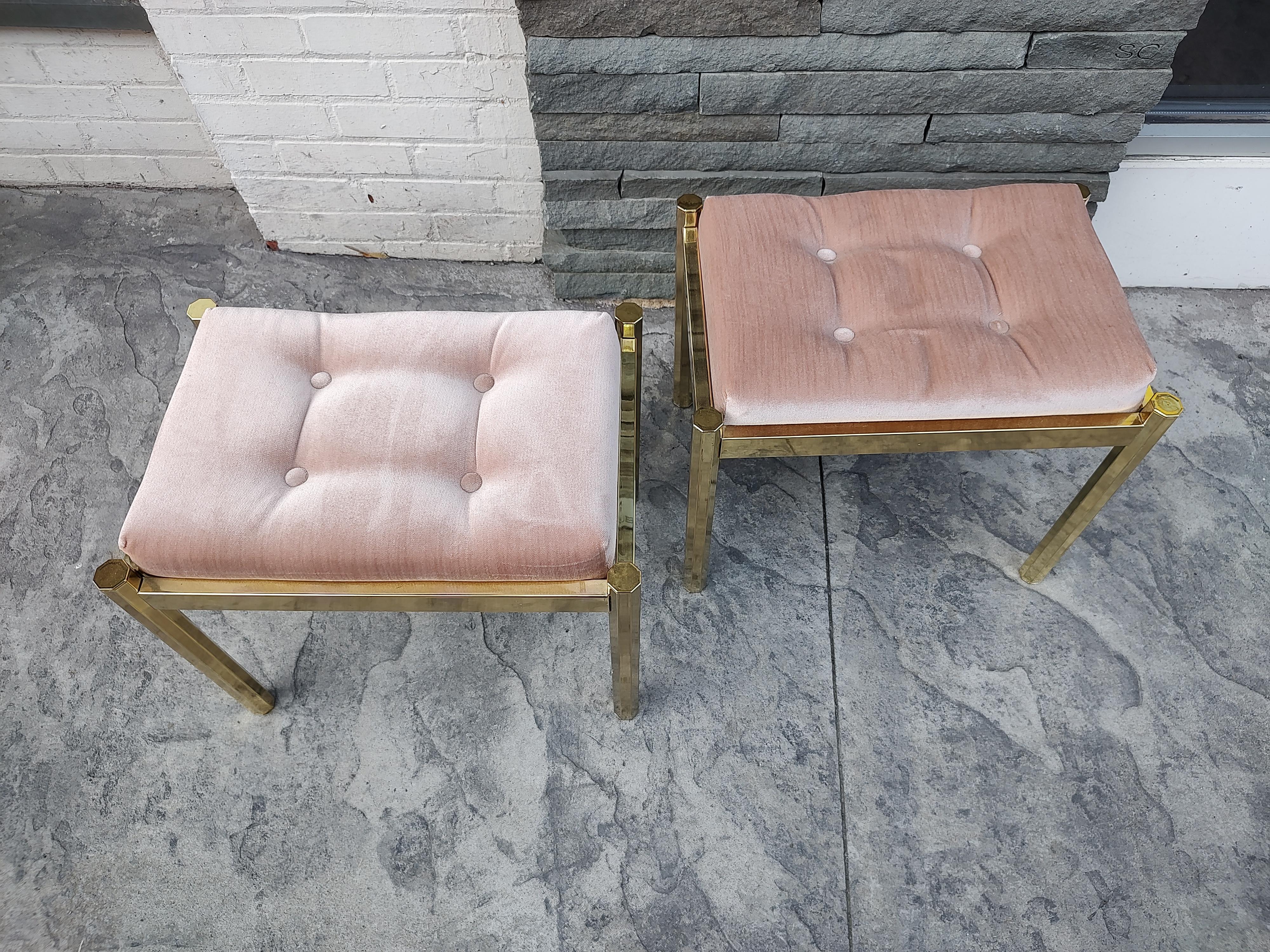 Pair of Mid-Century Modern Hollywood Regency Brass with Tufted Cushions Benches 1