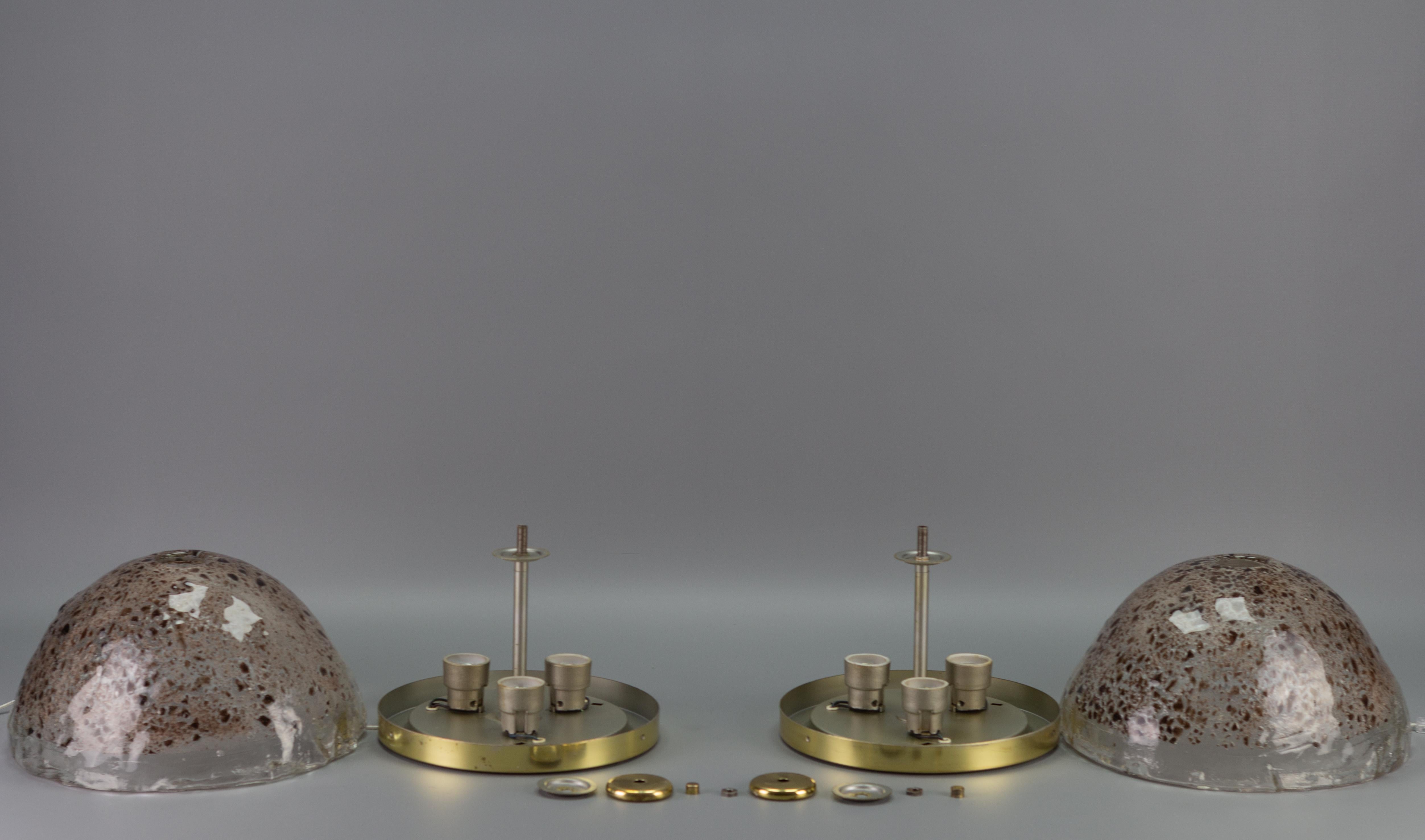 Pair of Mid-Century Modern Ice Glass and Brass Flush Mounts, Germany, 1970s For Sale 13