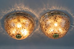 Pair of Mid-Century Modern Ice Glass and Brass Flush Mounts, Germany, 1970s