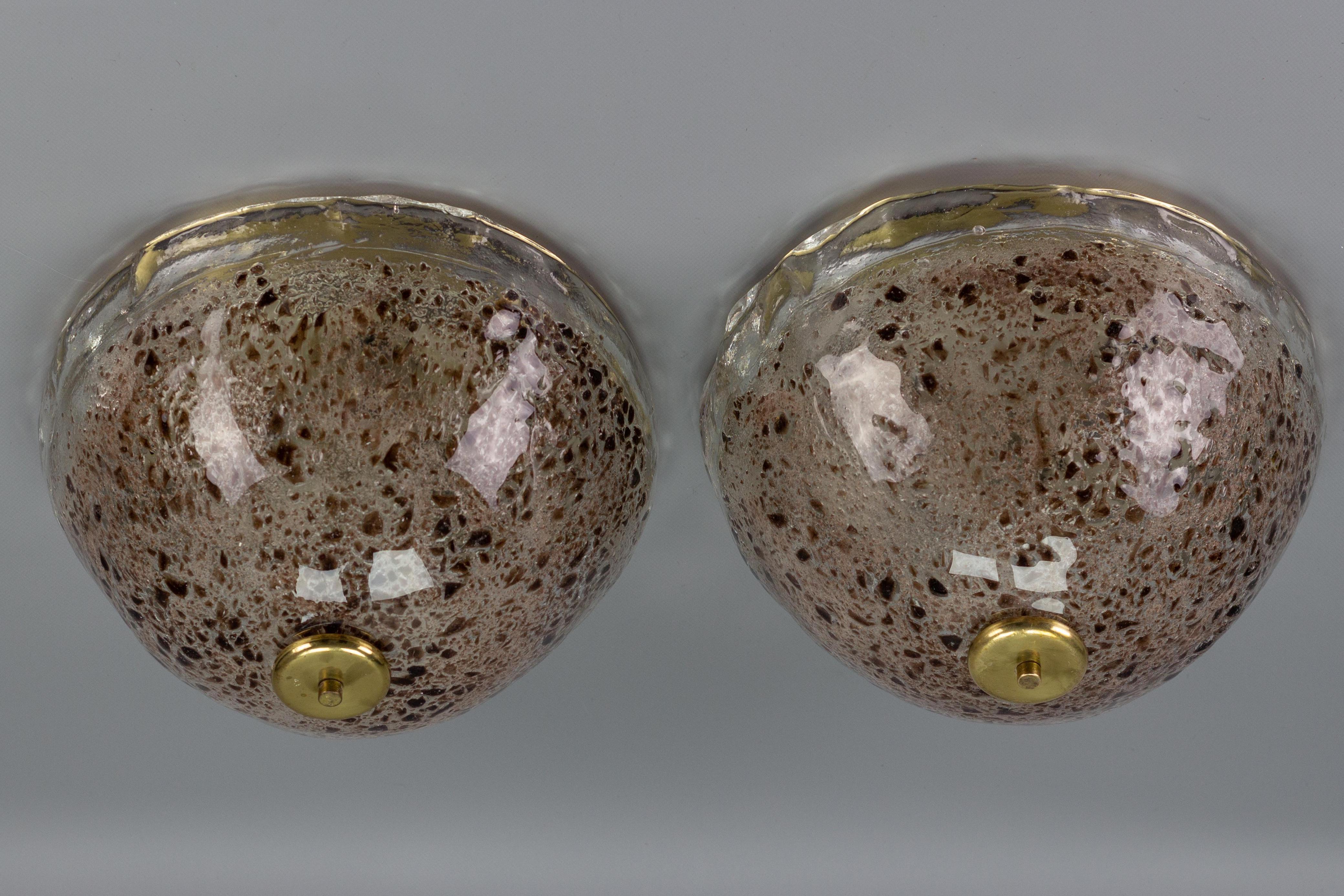 Pair of Mid-Century Modern Ice Glass and Brass Flush Mounts, Germany, 1970s For Sale 16