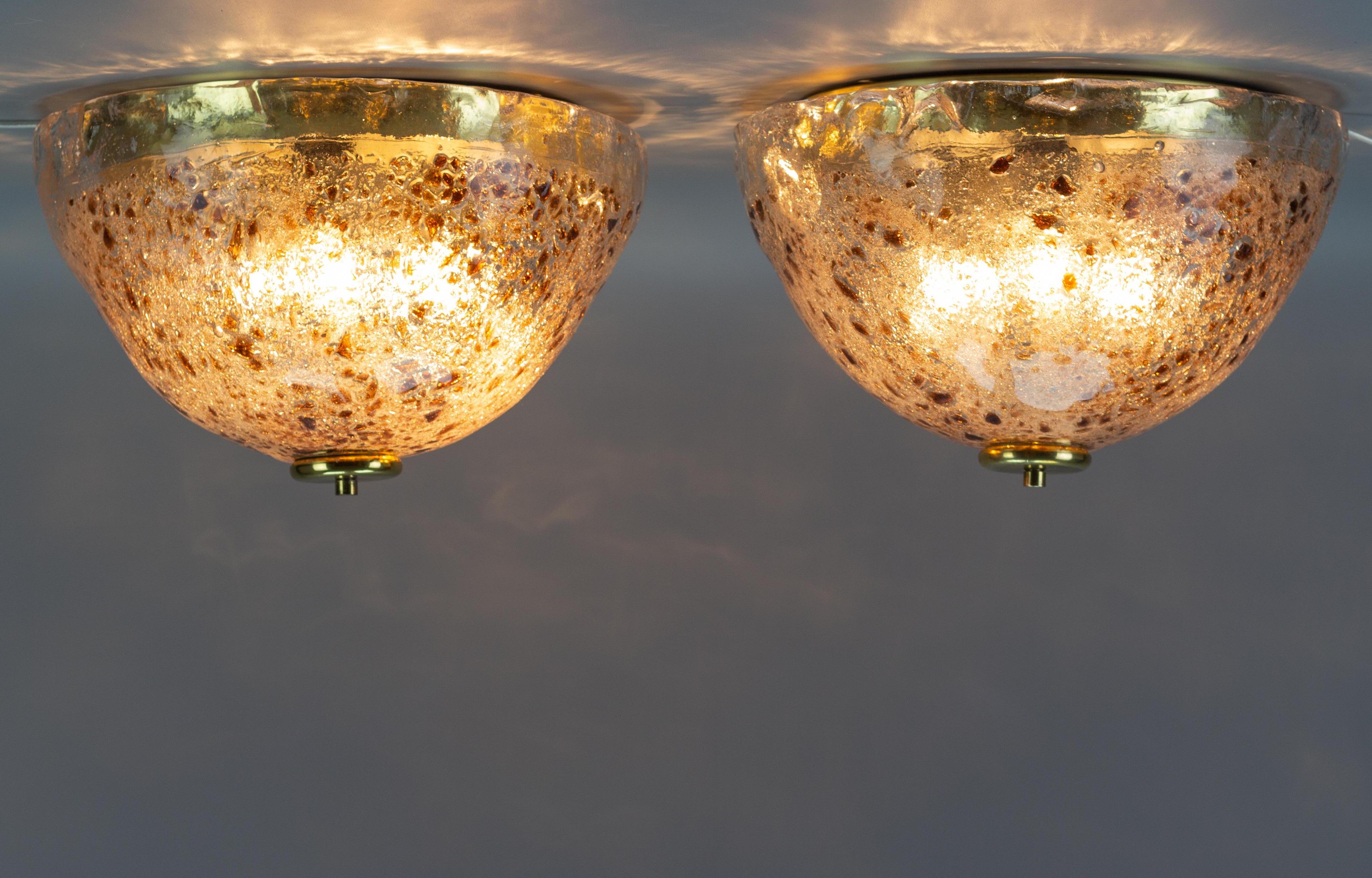 Pair of Mid-Century Modern Ice Glass and Brass Flush Mounts, Germany, 1970s In Good Condition For Sale In Barntrup, DE