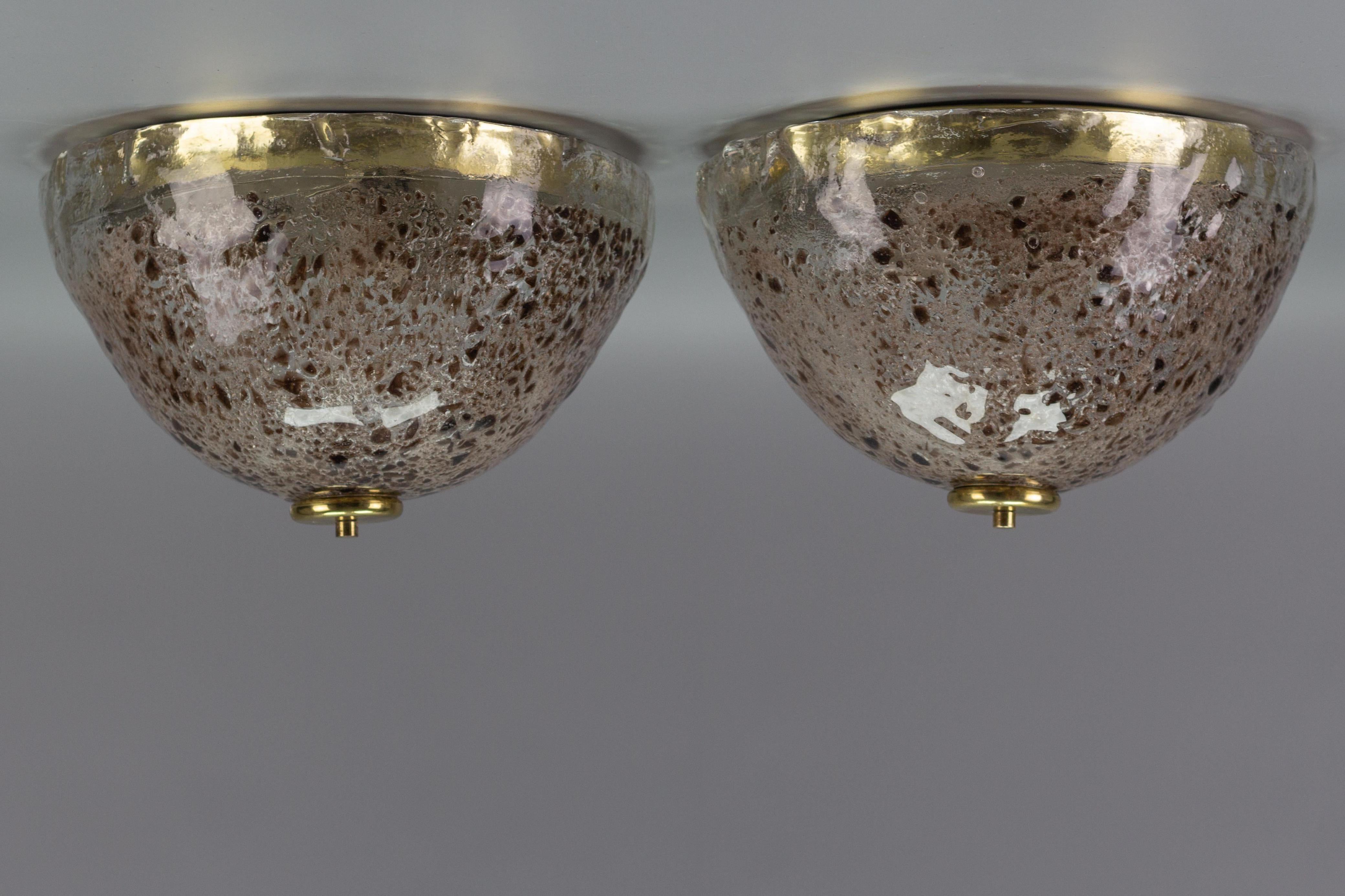 Late 20th Century Pair of Mid-Century Modern Ice Glass and Brass Flush Mounts, Germany, 1970s For Sale