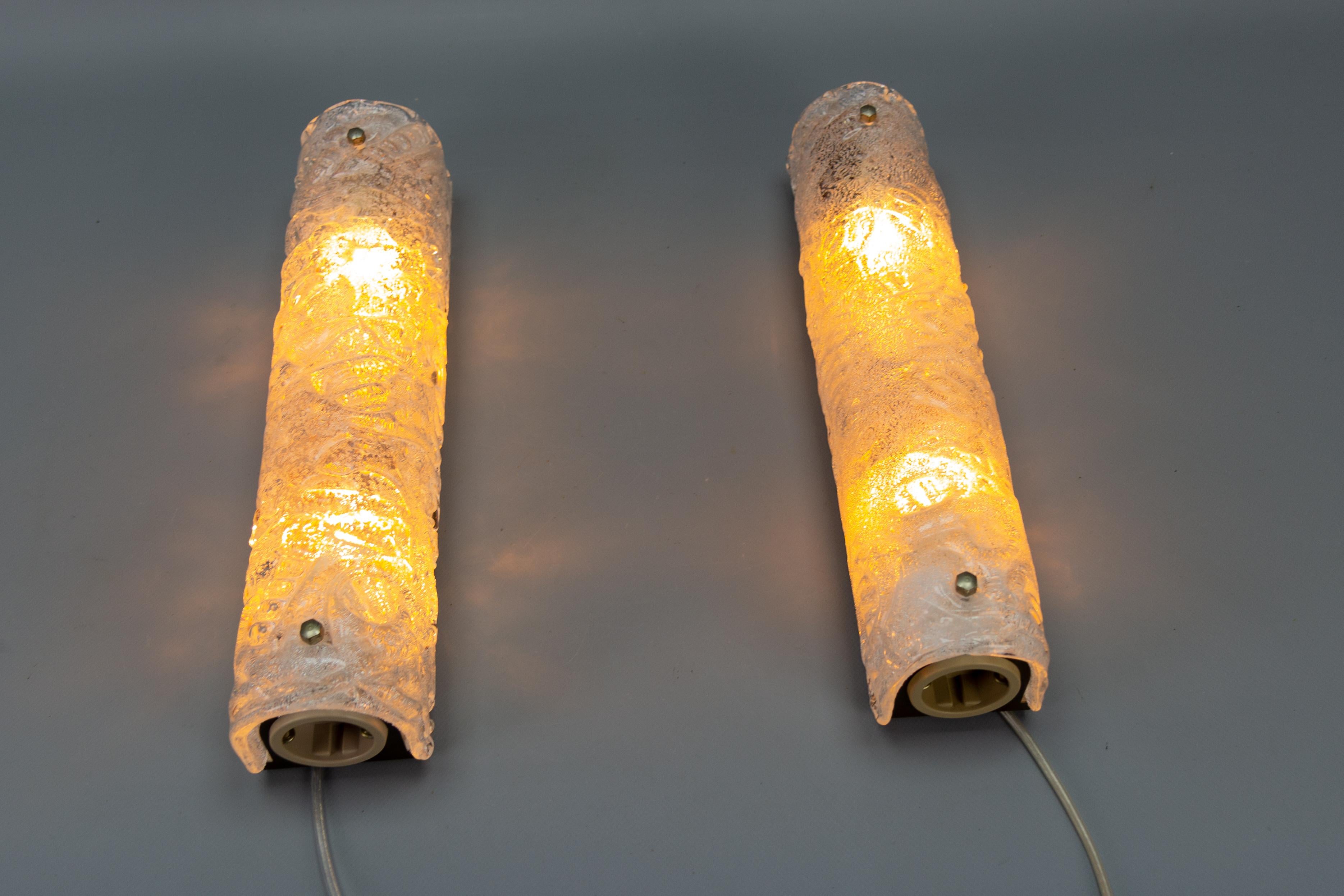German Pair of Mid-Century Modern Ice Glass Wall Sconces with Sockets, 1970s For Sale