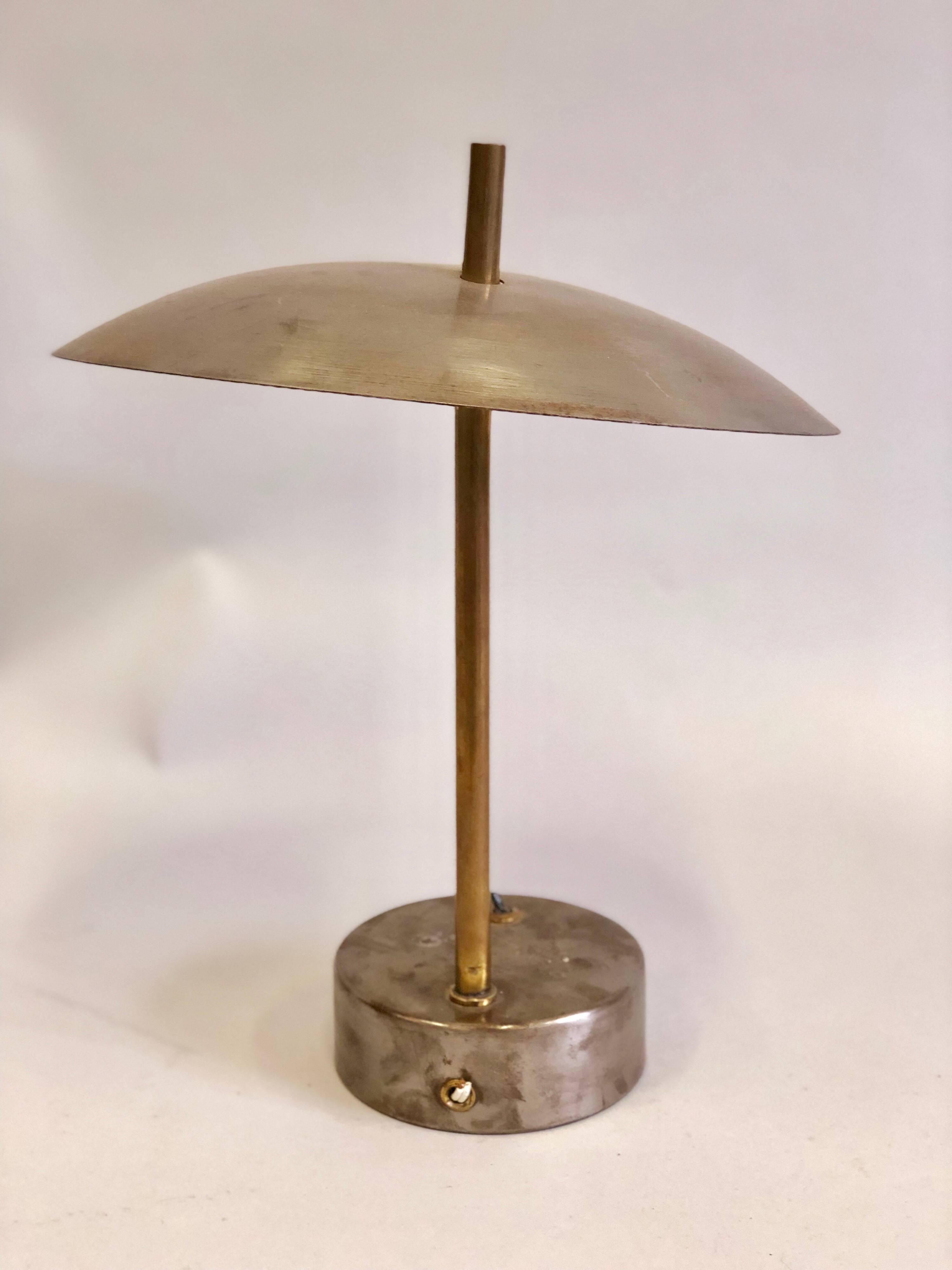 French Pair of Mid-Century Modern Industrial Steel and Brass Desk or Table Lamps, 1950