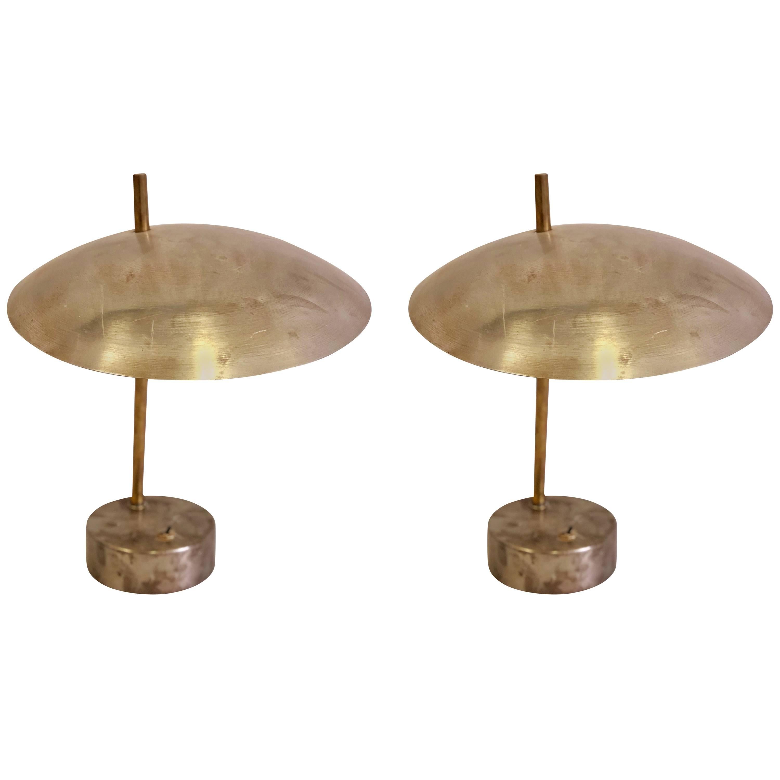 Pair of Mid-Century Modern Industrial Steel and Brass Desk or Table Lamps, 1950